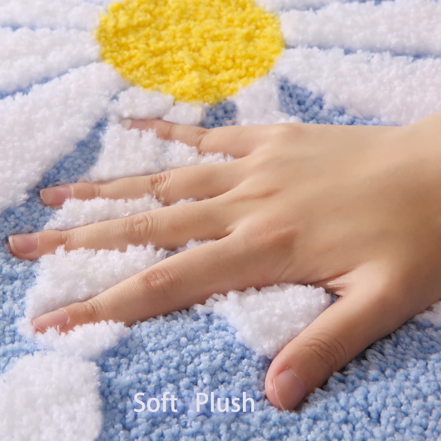 Qjhomo Bathroom Rugs Set 2 Piece, Cute Daisy Bath Mat Blue Toilet Rug U Shaped, Flower Deocr Bathroom Set Non Slip Contour Bathm
