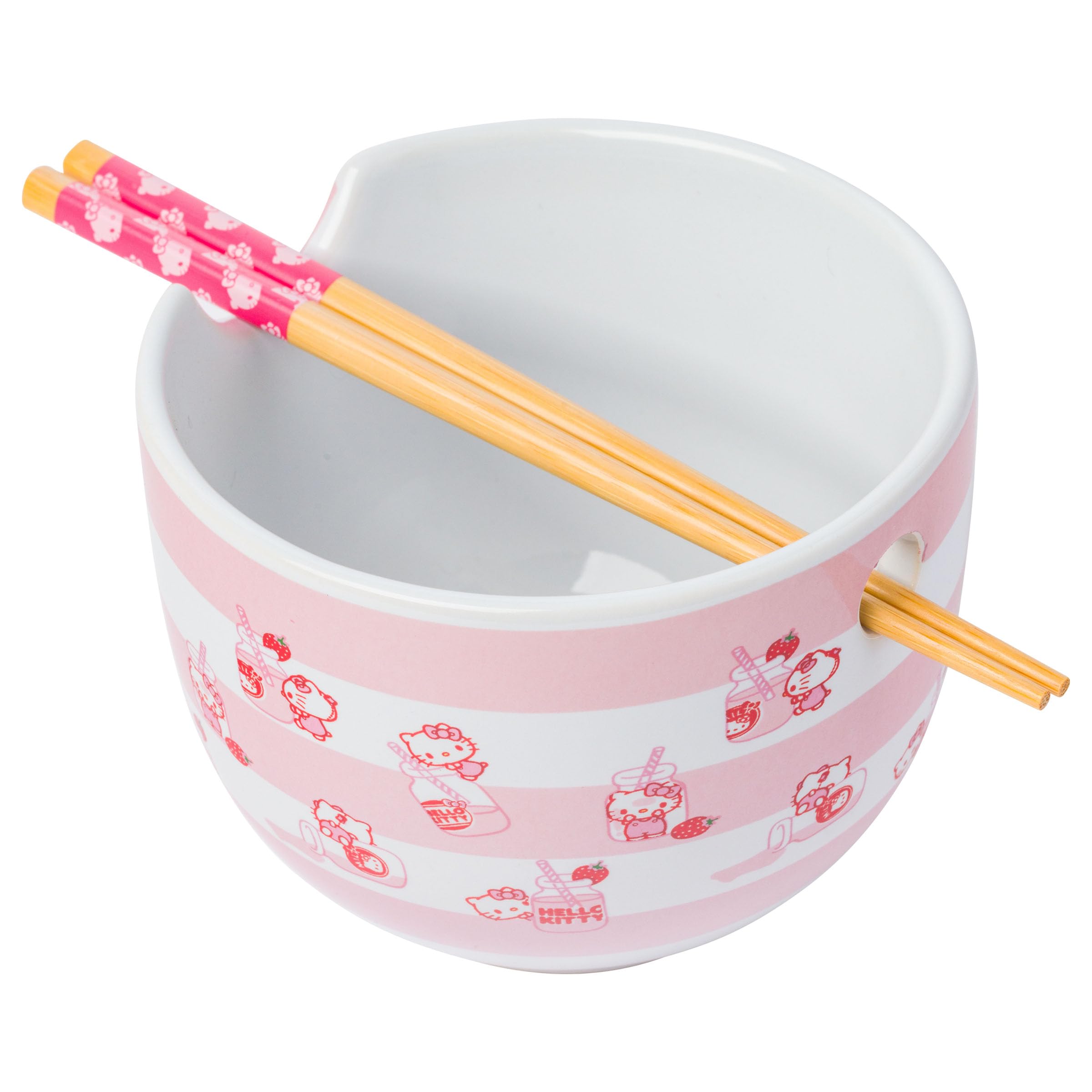 Silver Buffalo Sanrio Hello Kitty Strawberry Milk Pattern Ceramic Ramen Noodle Rice Bowl With Chopsticks, Microwave Safe, 20 Oun