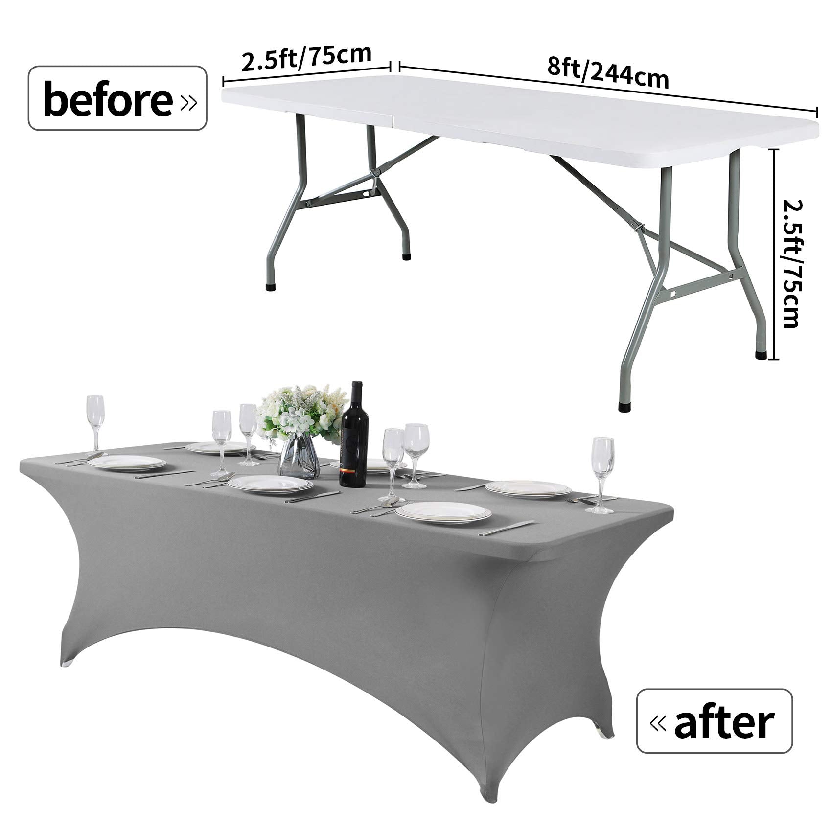 Hezuzo 2Pack Spandex Table Cover For 8Ft Table Universal Fitted Stretch Tablecloth For Party, Banquet, Wedding And Events-Gray