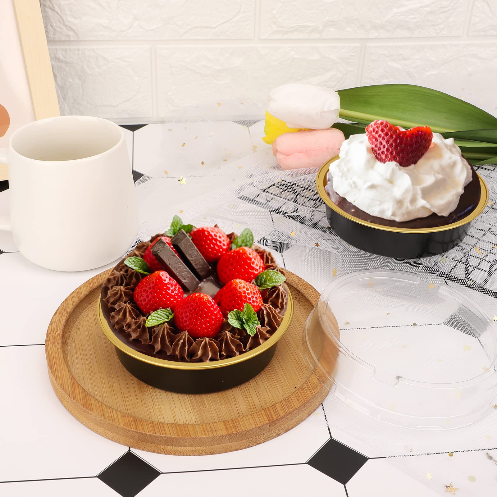 Beasea Aluminum Cupcake Pans With Lids  4 Inch 100 Pack Disposable Pie Pans For Cake  8 Oz Aluminum Pie Pan Tin Black Golden Tart Pans Round Oven Baking Mini Cake Pan For Pie Tart Quiche