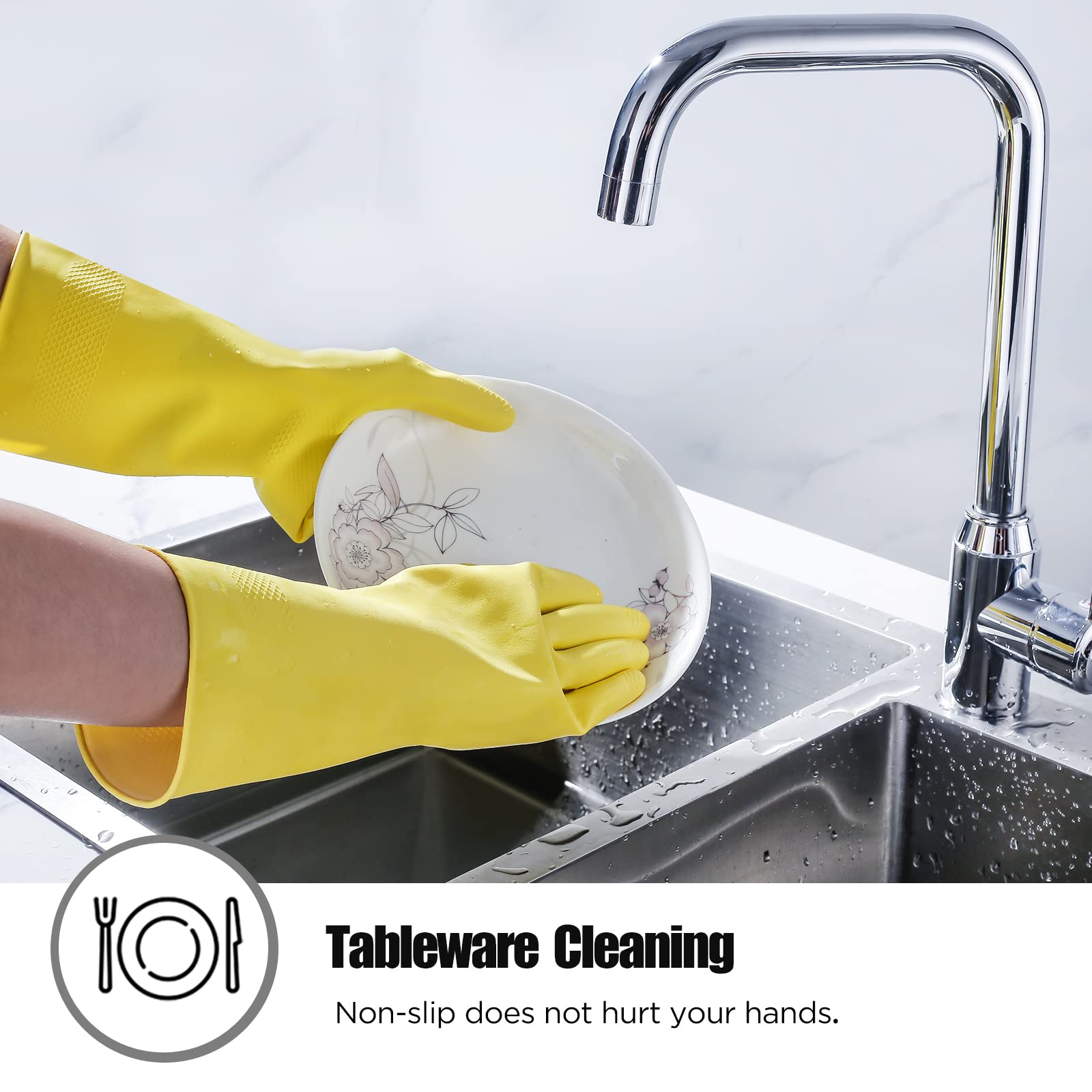 Iucge Rubber Cleaning Gloves Yellow 3 Pairs For Household,Reuseable Dishwashing Gloves For Kitchen(3,Large)