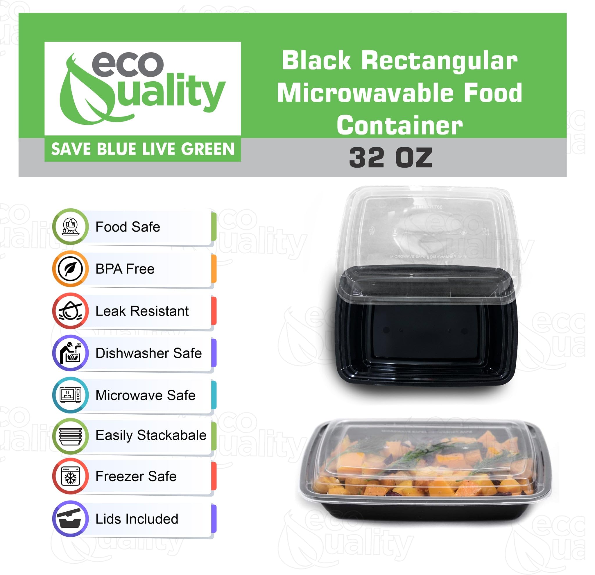 32 Oz Reusable Food Storage 100 Pack Containers With Lids By Ecoquality - Rectangular Bpa Free Freezer, Microwave & Dishwasher S
