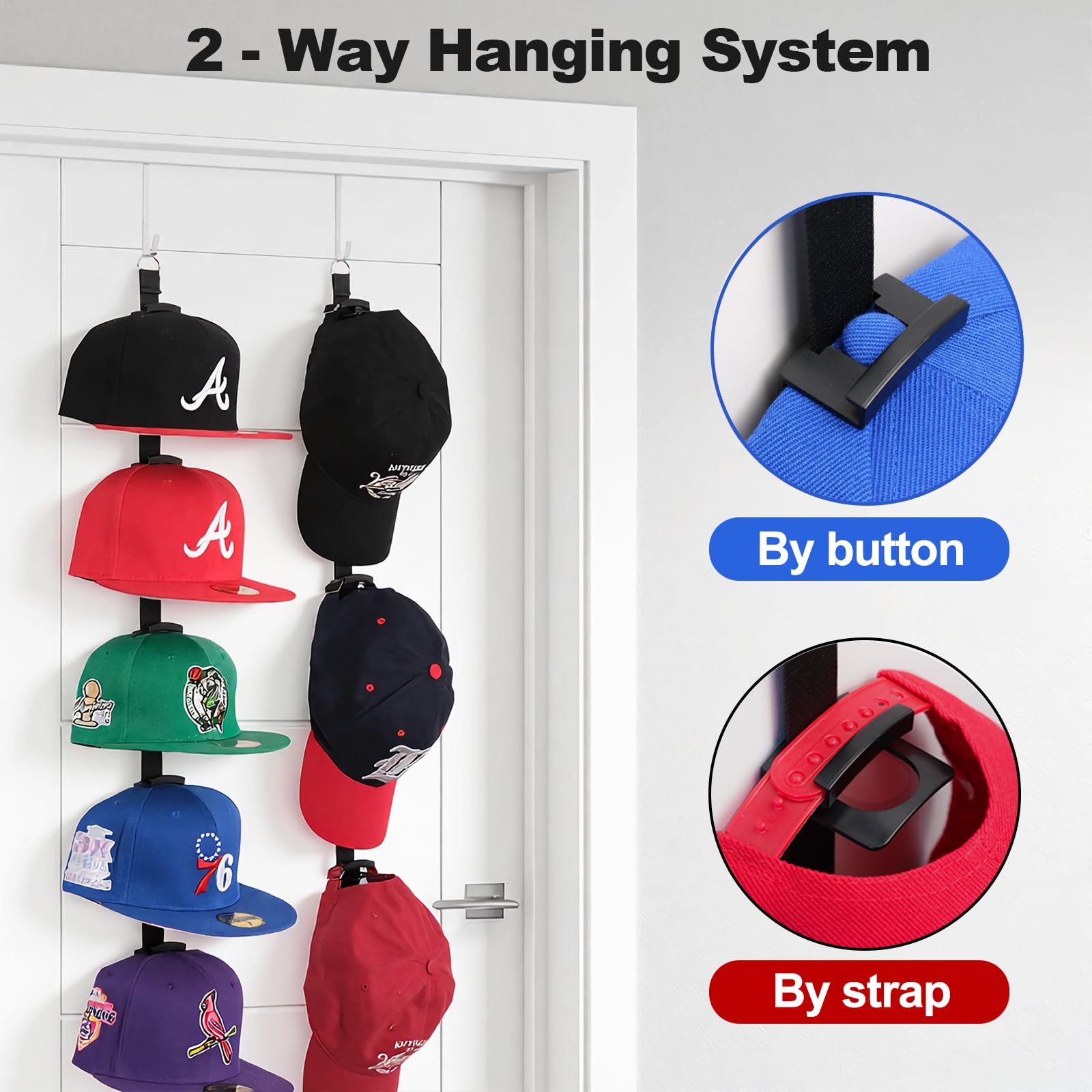 Aoodaily Hat Rack for Door - Two-Way Hanging Caps with Display Hooks and Hanger, Hat Organizer for Baseball Caps, Over the Door