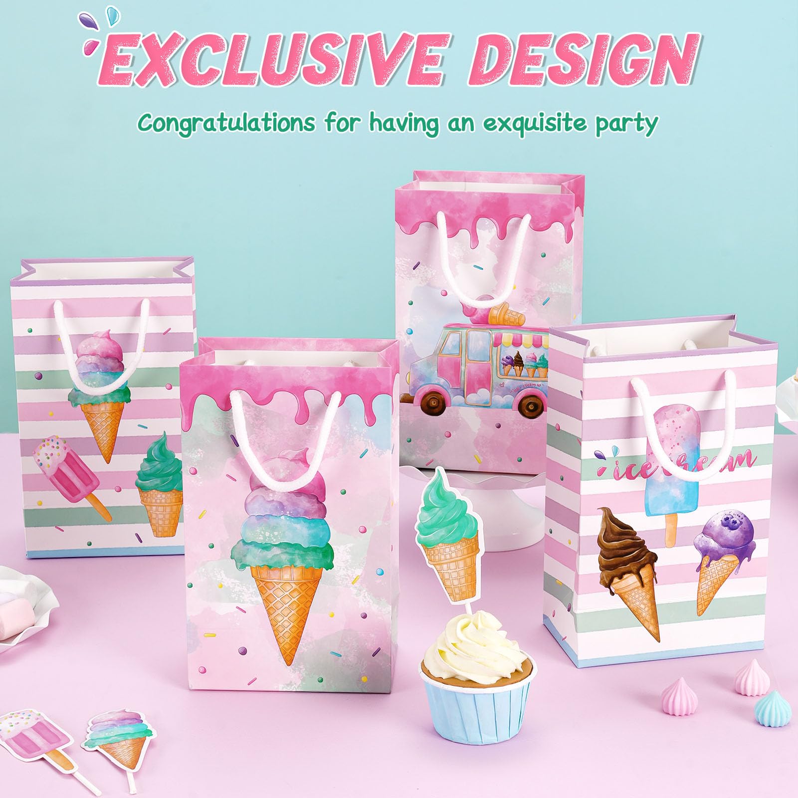 Wernnsai 16 Pcs Ice Cream Gift Bags With Handles Reusable Ice Cream Party Favor Bags For Summer Party Supplie Candy Tote Bags Fo