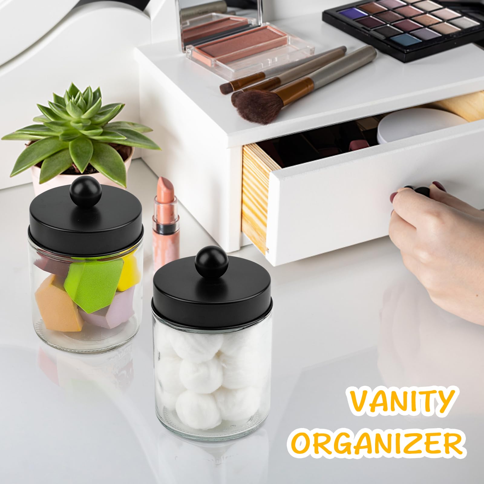 Goramio 4 Pack Glass Apothecary Jars With Lids For Bathroom, Cute Qtip Holder, Black Bathroom Accessories Set, Small Bathroom Ca