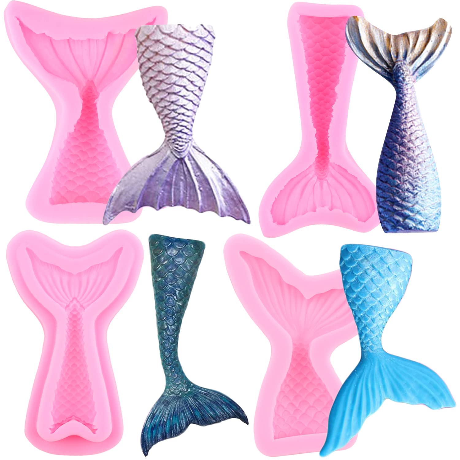 Mypracs Mermaid Tail Silicone Fondant Mold For Cake Decorating Cupcake Topper Candy Chocolate Gum Paste Polymer Clay Set Of 4