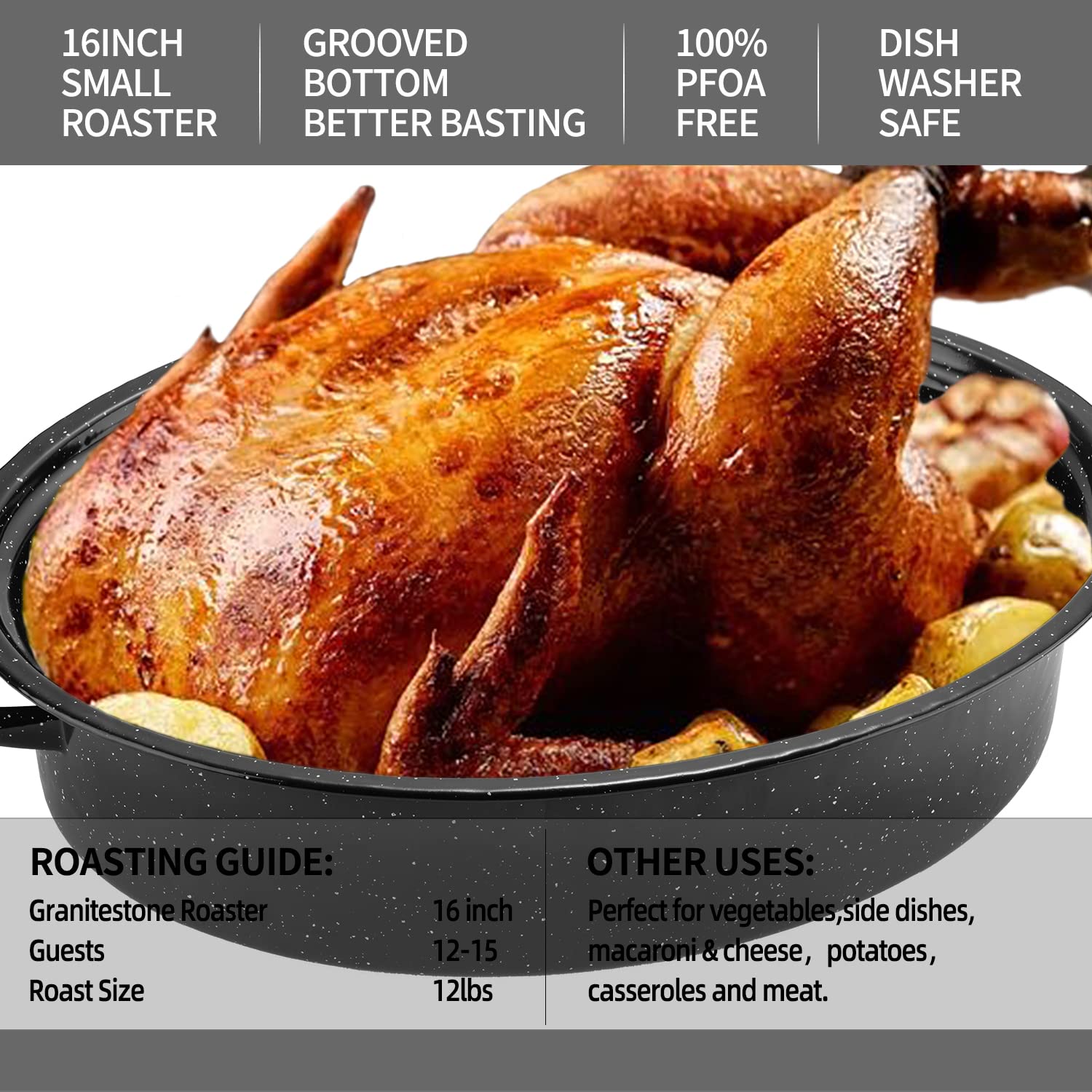 Granite Roasting Pan, Medium 16    Enameled Roasting Pan With Domed Lid. Oval Turkey Roaster Pot, Broiler Pan Great For Small Tu