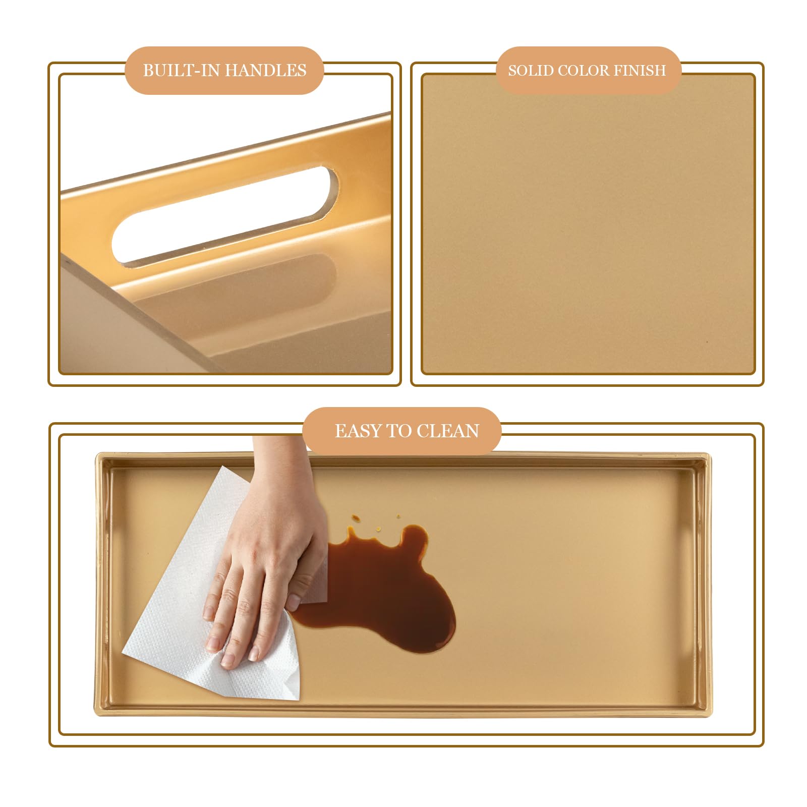 Maoname Gold Vanity Tray Set Of 2, Plastic Decorative Tray With Handles, Rectangular Bathroom Tray For Toilet Tank, Counter, 13.
