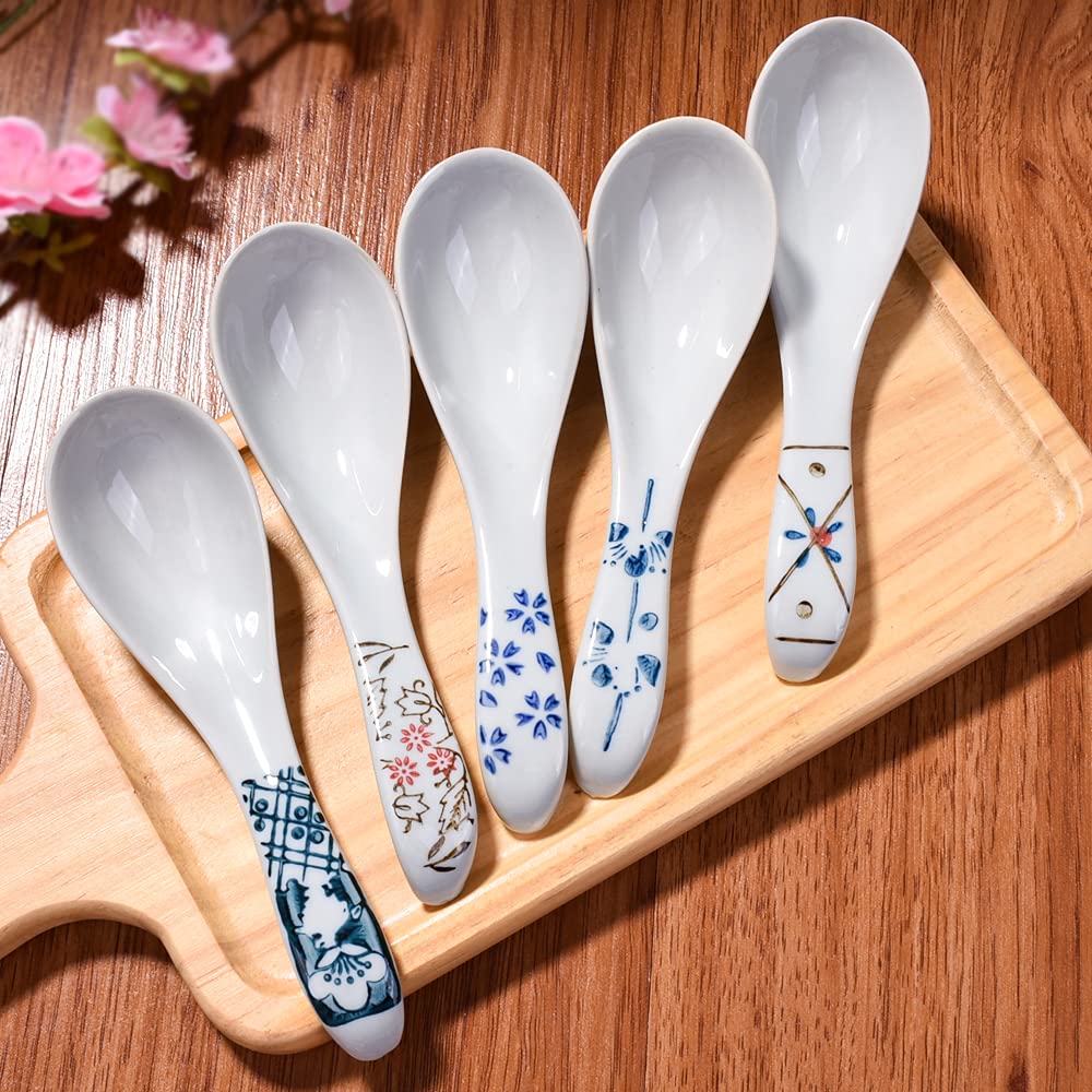 Japanese Style Soup Spoons Set Of 5 Asian Ceramic Ramen Spoons