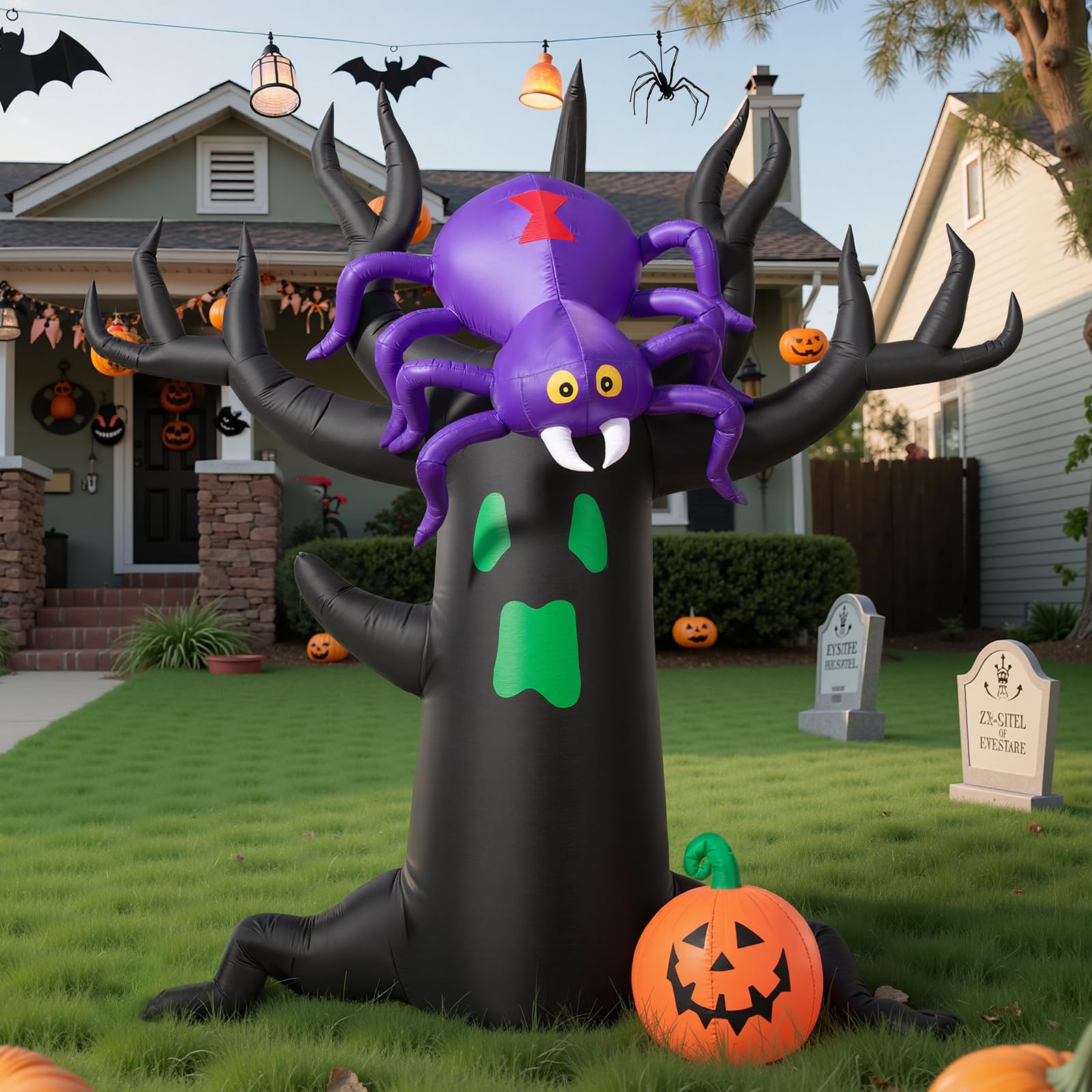 7FT Halloween Inflatable Tree with Giant Purple Spider and Pumpkin, Spooky Blow Up Yard Decoration with LED Lights for Outdoor L