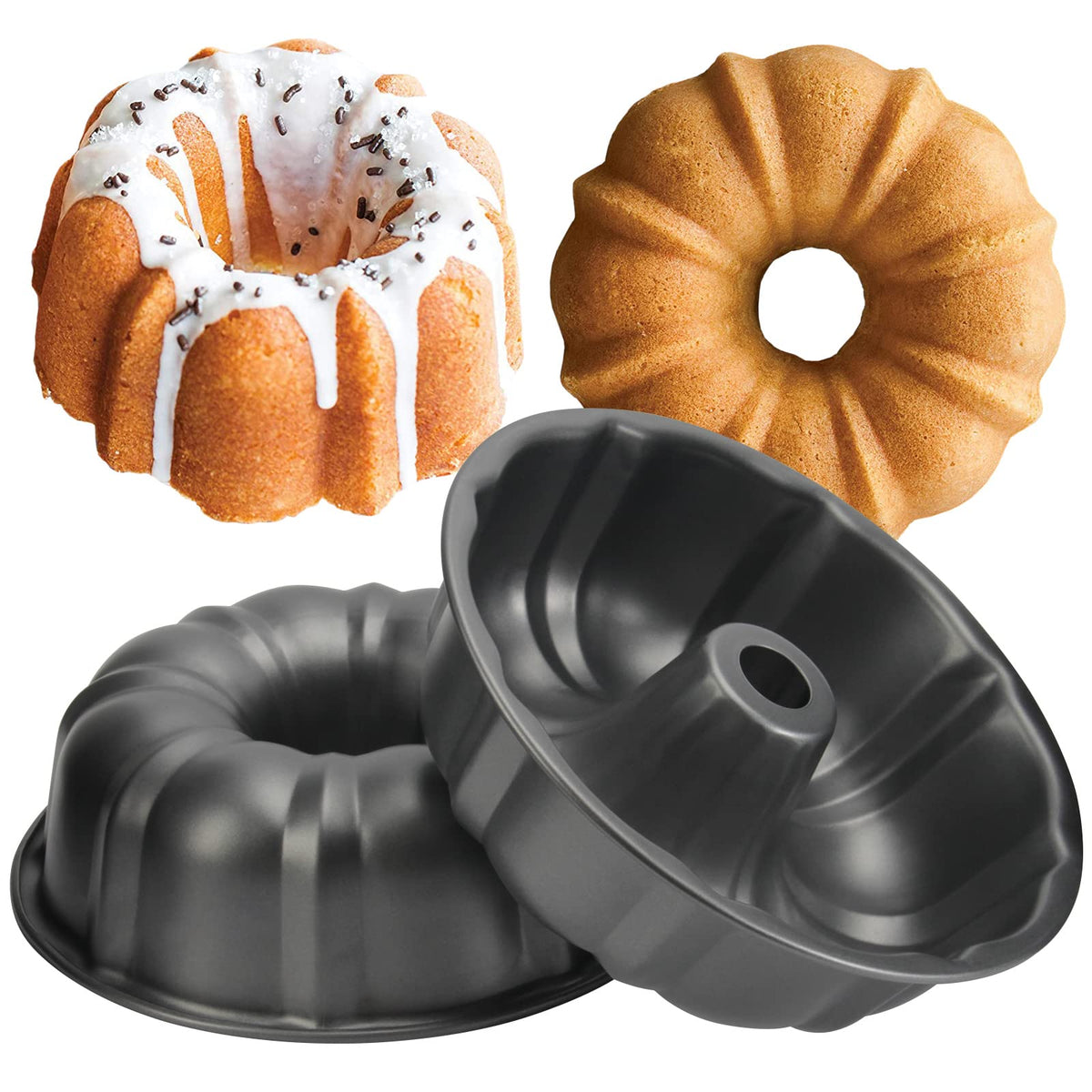 Oamceg 2 Pack Bunte Cake Pan Nonstick - 10 Inches Fluted Tube Cake Pans For Baking, 12 Cups Heavy Duty Carbon Steel Tube Pan Bak