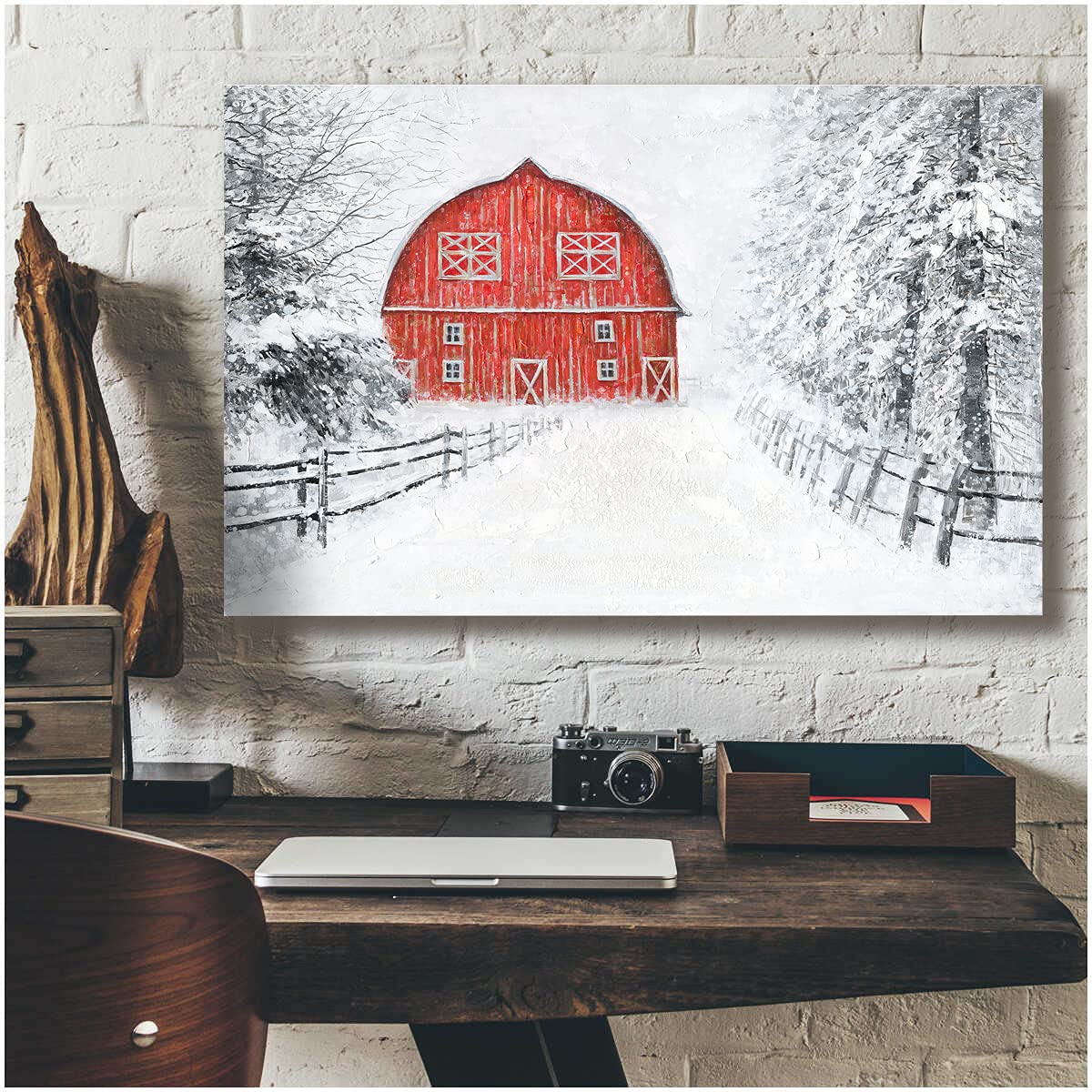 Yelash Red Barn Pictures Wall Art Decor Snowy Barn House Winter Landspace Picture Print On Canvas For Bathroom Bedroom With Fram