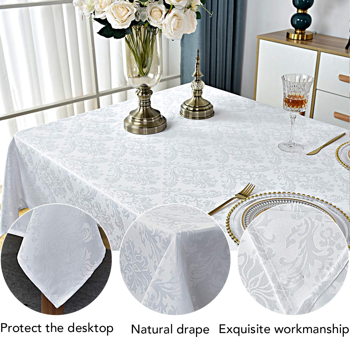 Rectangle Table Cloth - 60 X 120 Inch White Jacquard Tablecloths Damask Design Spillproof Wrinkle Resistant Shrinkproof Soft Tab
