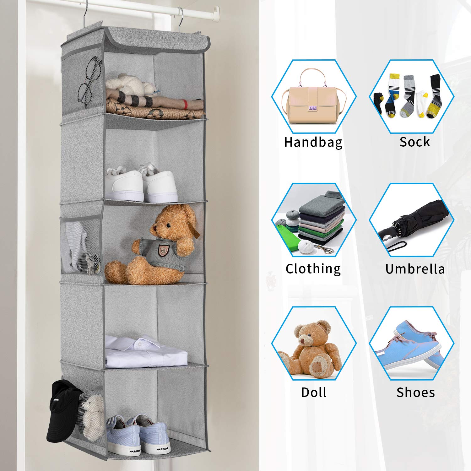 BrilliantJo 5 Shelves Hanging Closet Organizer  2 Pack Hanging Storage with 6 Side Pockets for Clothes Bags  43''x12''x12''(Light Gray)