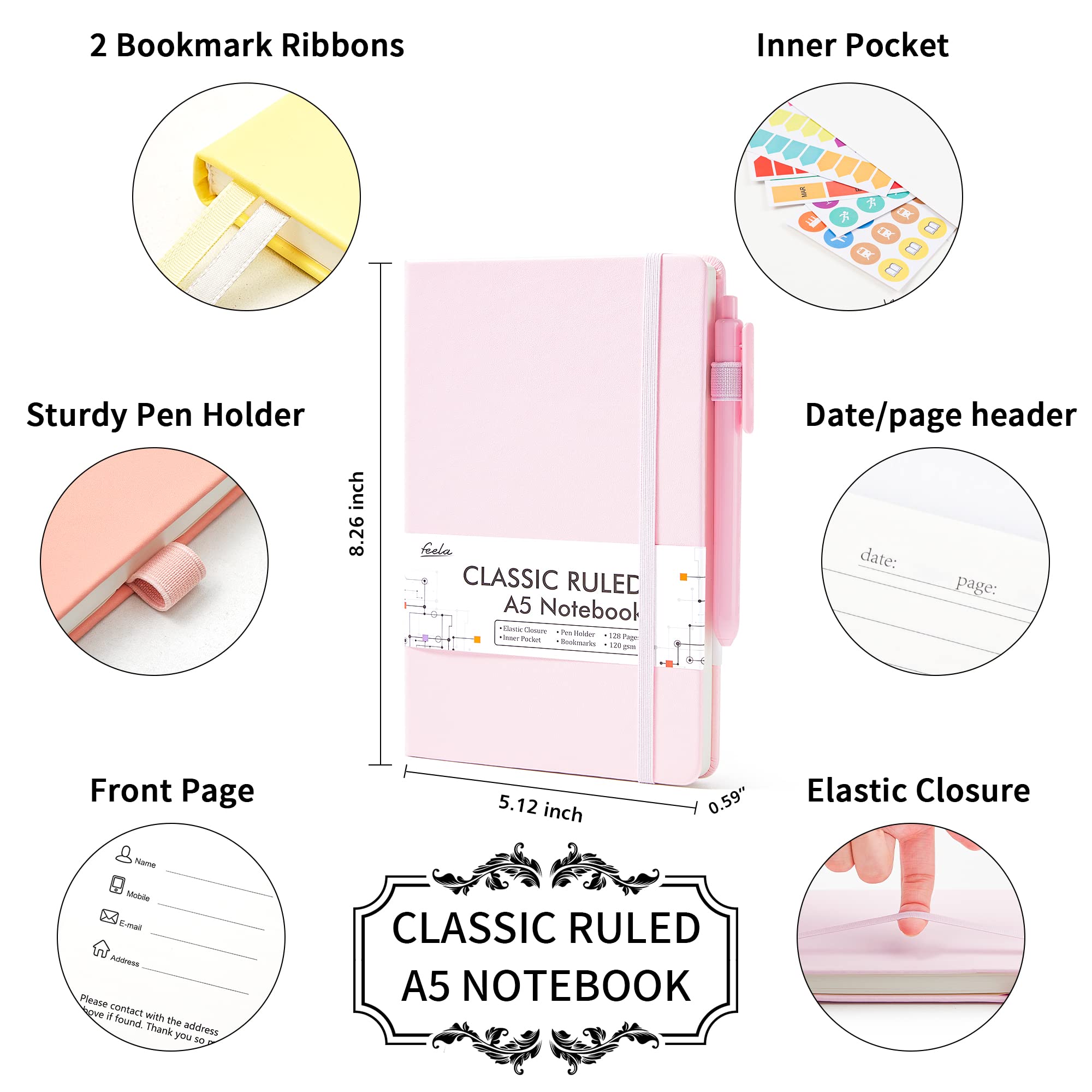 Feela Hardcover Notebook For Work, Classic Ruled Lined Journal Set School Business Supplies, With 3 Black Pens, 120 Gsm, 51Ax83A