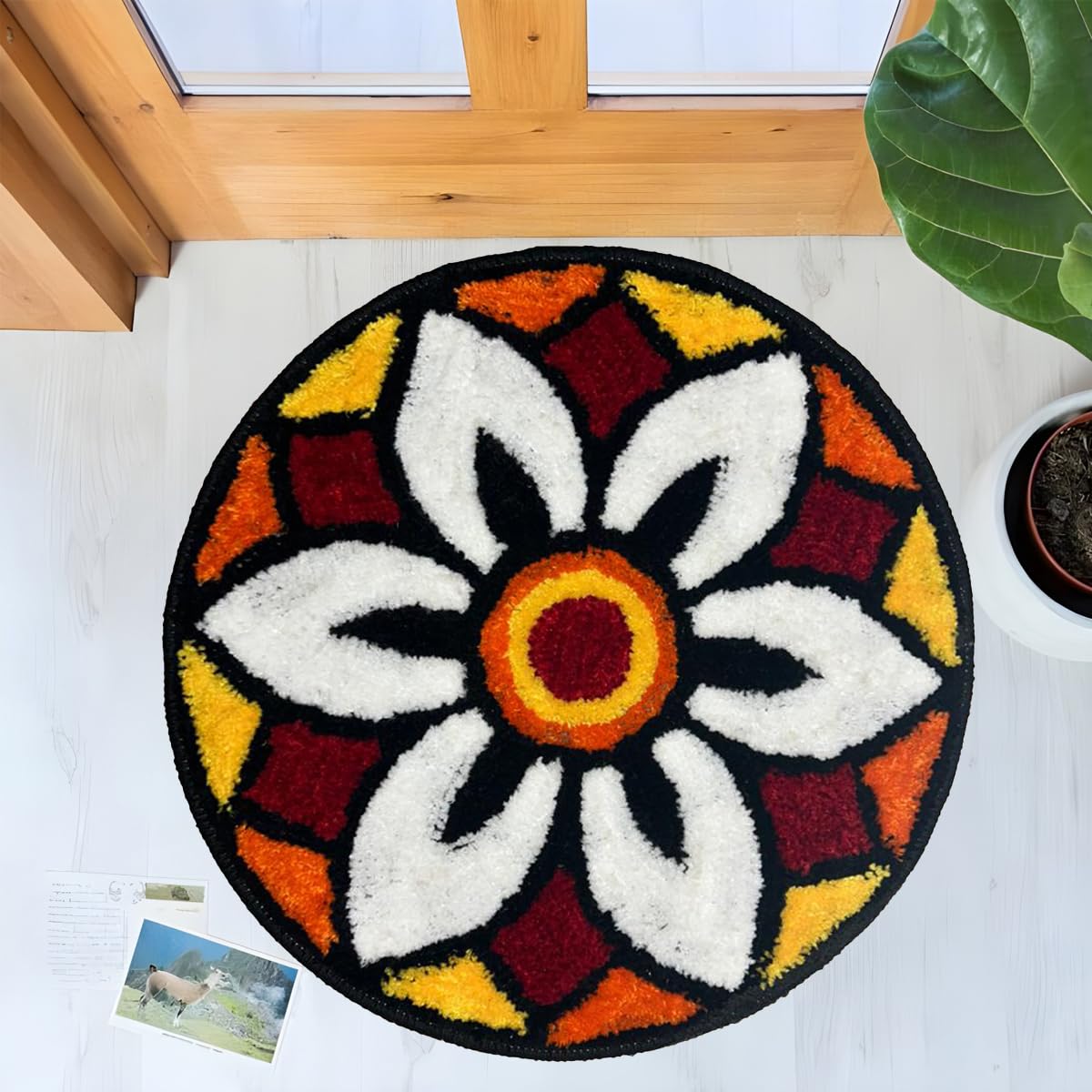 Decorative Round Rangoli Soft Microfiber Fluffy Fancy Doormat For Home Entrance, 58 * 58Cm, Temple| Festival Rangoli Mat| Pooja 