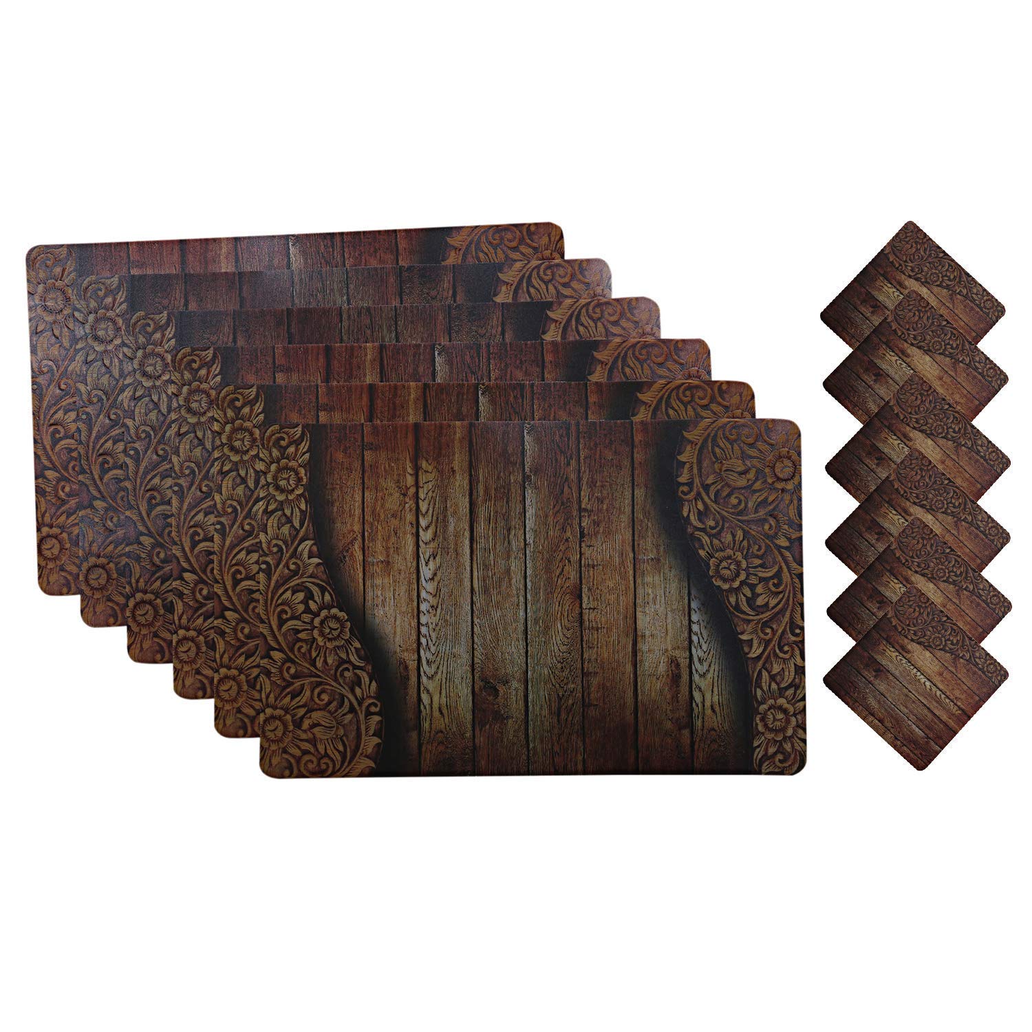Kuber Industries Wooden Design Pvc 6 Piece Dining Table Placemat Set With Tea Coasters - Brown