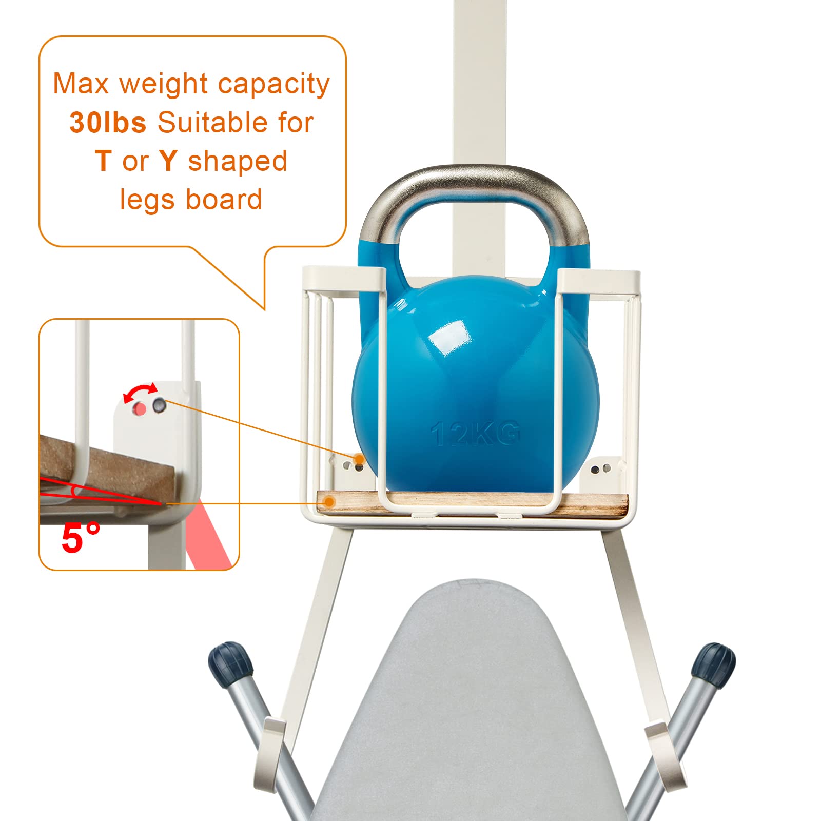 TJ.MOREE Over The Door Ironing Board Hanger, White, Iron Material, Model 8611, Space-Saving Laundry Room Storage Solution