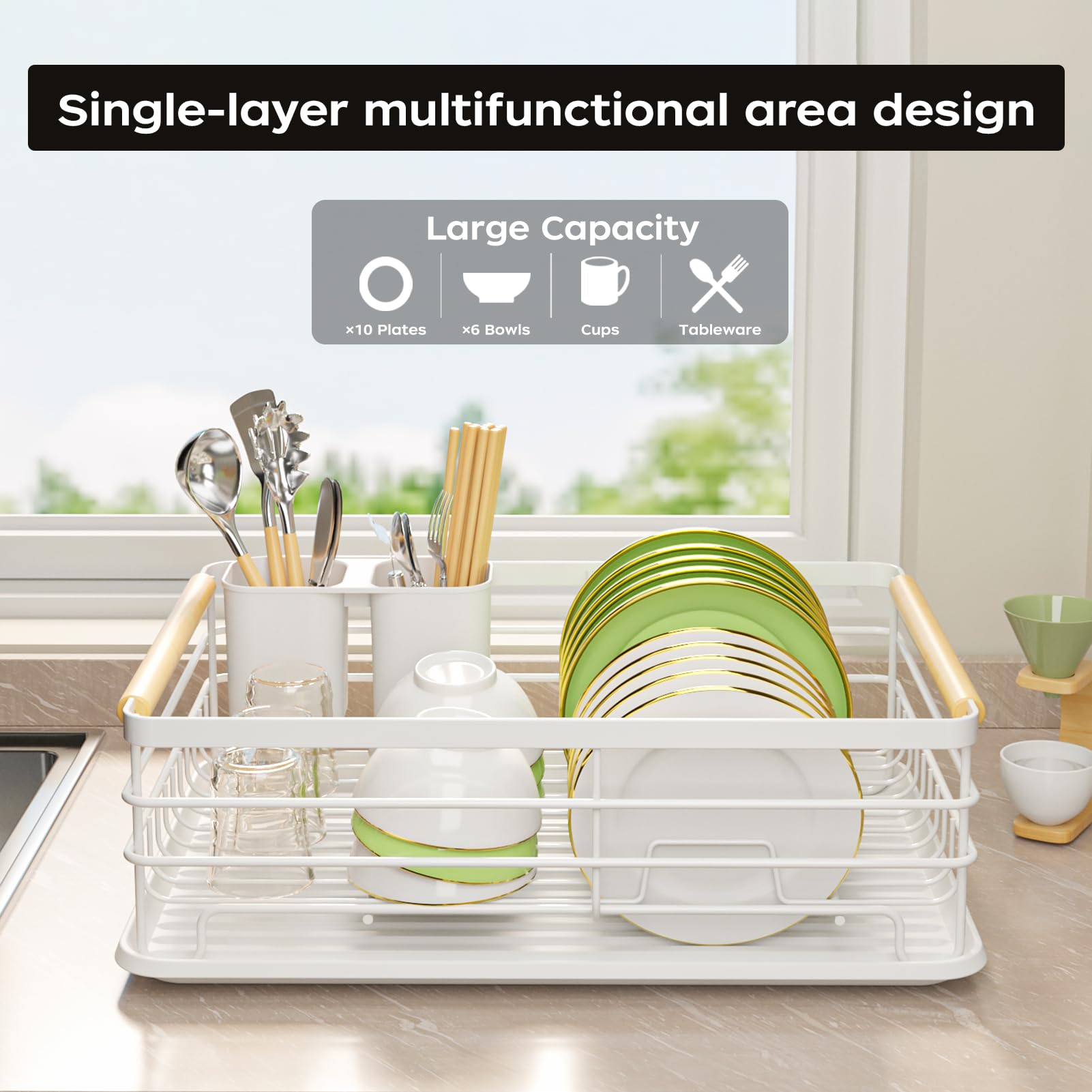 Jouzevic Dish Racks For Kitchen Counter: Thickened Metal Materials, No Assembly, Wood Handles. Small Dish Drying Rack: Ideal For