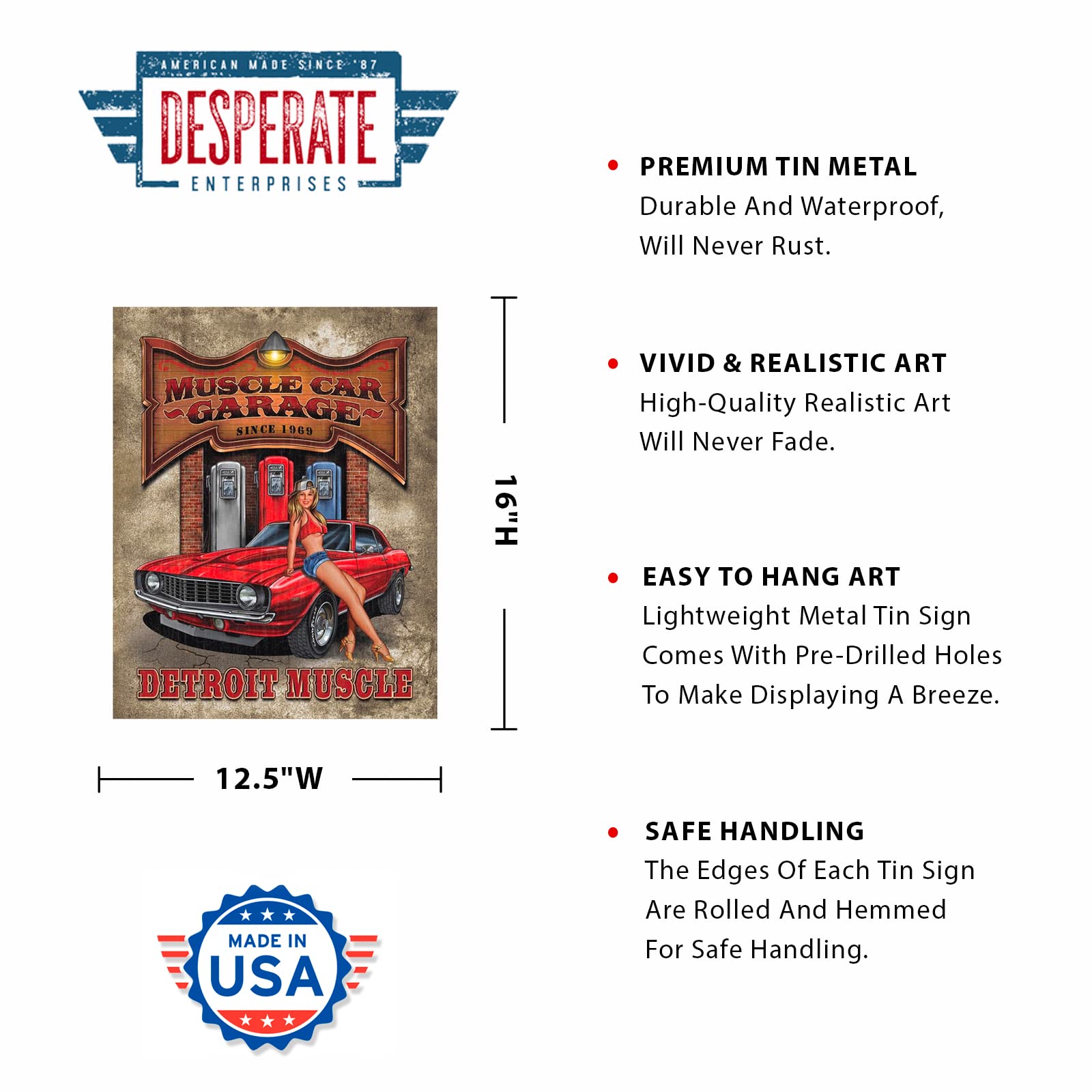 Desperate Enterprises Legends - Muscle Car Garage Tin Sign - Nostalgic Vintage Metal Wall Decor - Made in USA