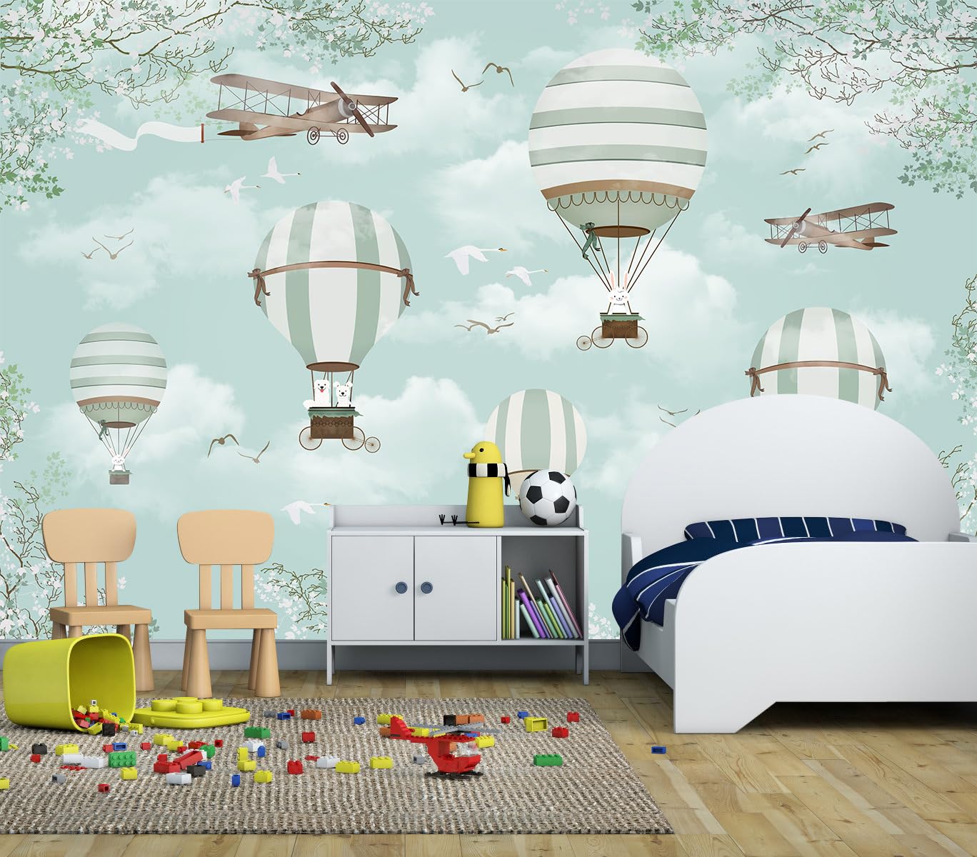 WFBHUA-Hot Air Balloon Wallpaper Mural Cute Animals Airplanes Blue Wallpaper for Nursery Wall Decoration Boys Bedroom Baby Room 