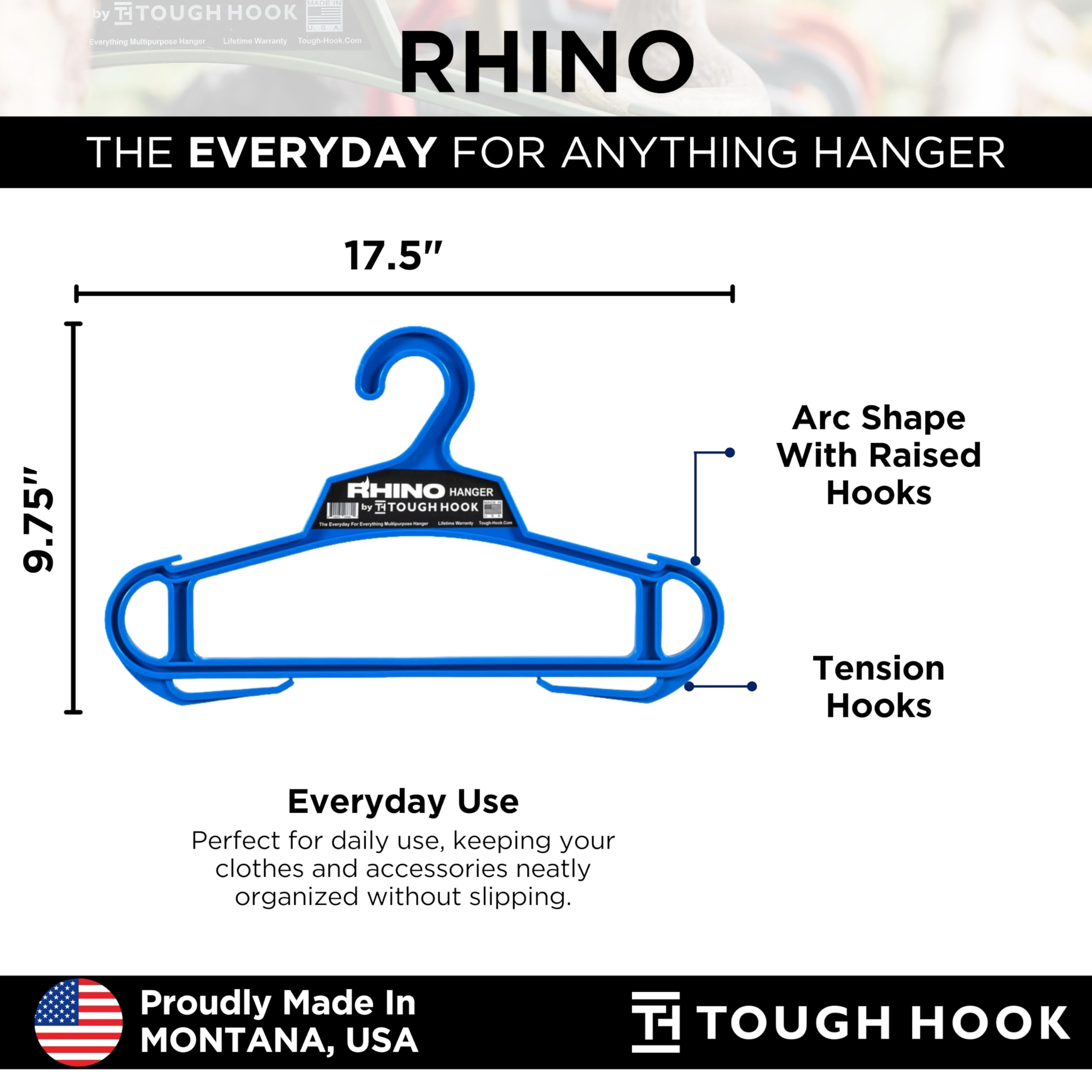 Rhino Hanger | The Everyday for Everything Hanger | USA Made | 200 lb Load Capacity | Premium Professional Military Grade | XL Heavy Duty Standard Hanger |Unbreakable Multipurpose| Veteran Owned