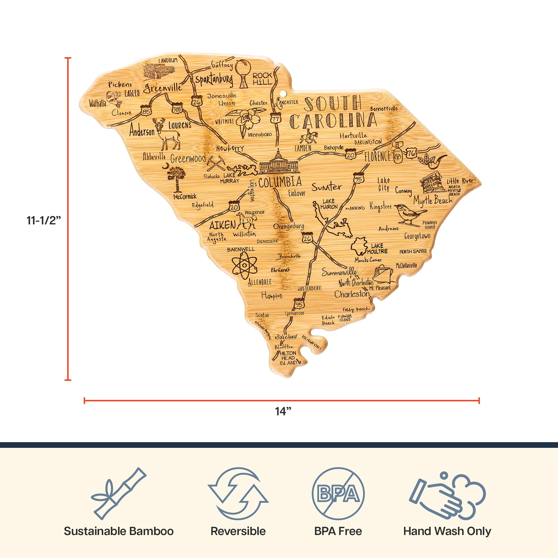 Totally Bamboo Destination South Carolina State Shaped Cutting Board, Charcuterie and Cheese Serving Board - South Carolina Gift