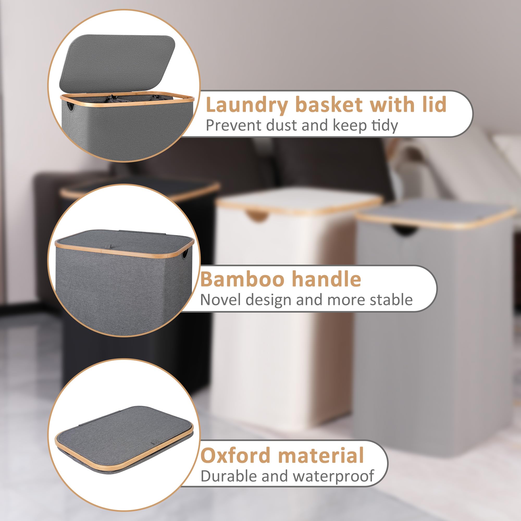 iEGrow 150L Laundry Hamper with Lid-Large Laundry Basket with Bamboo Handles  Grey Hampers for Laundry  Dirty Clothes Hamper with 2 Removable Inner Bags for Clothes Toys Towels