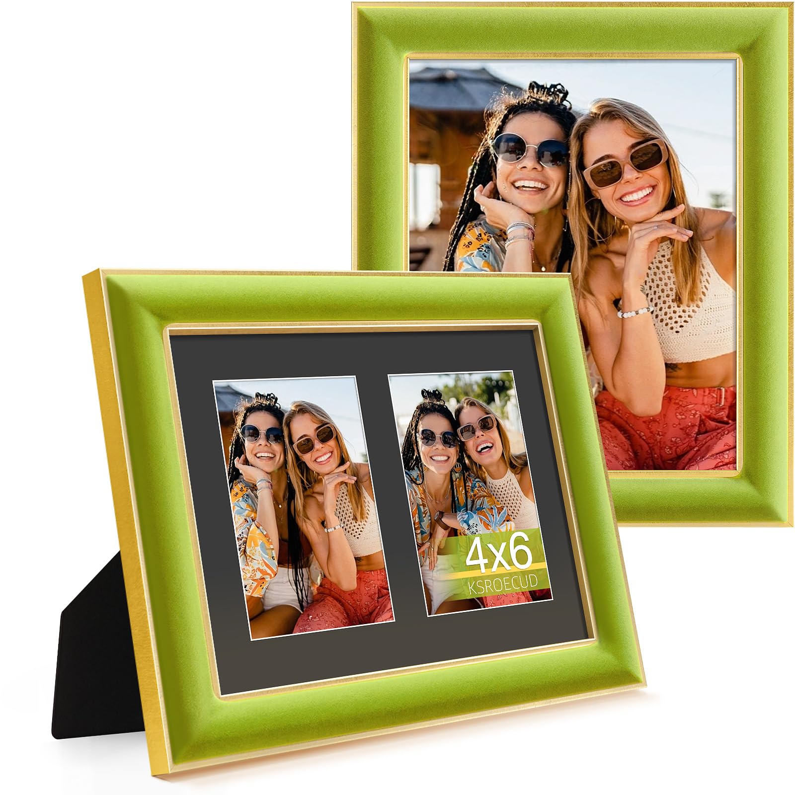 KSROECUD 8x10 Velvet Picture Frame with 2 Opening 4x6 Picture, HD Real Glass Light Green Velvet Photo Frame with Black White Bor