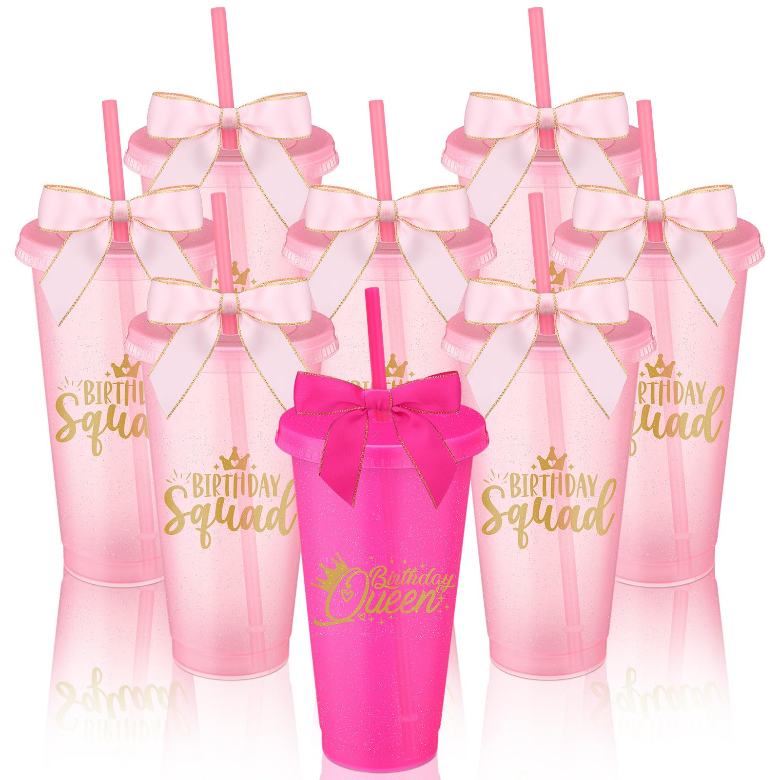 Jingmore 8 Set Birthday Party Glitter Tumblers 24 oz Birthday Squad Birthday Queen Plastic Tumblers with Lid Straw and Twist Bow