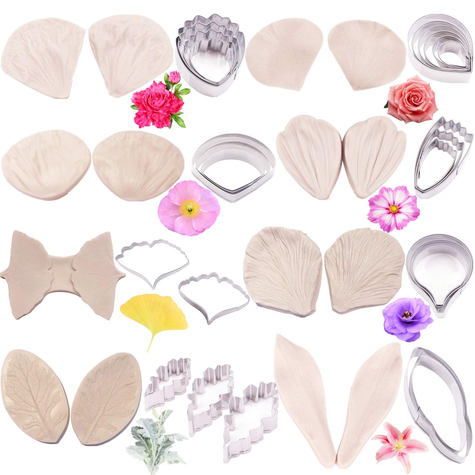 16Set Gum Paste Flower Tools Kit- 8Set Flower Silicone Mold And 8Set Stainless Steel Fondnat Flower Cutter Gumpaste Flower Cooki