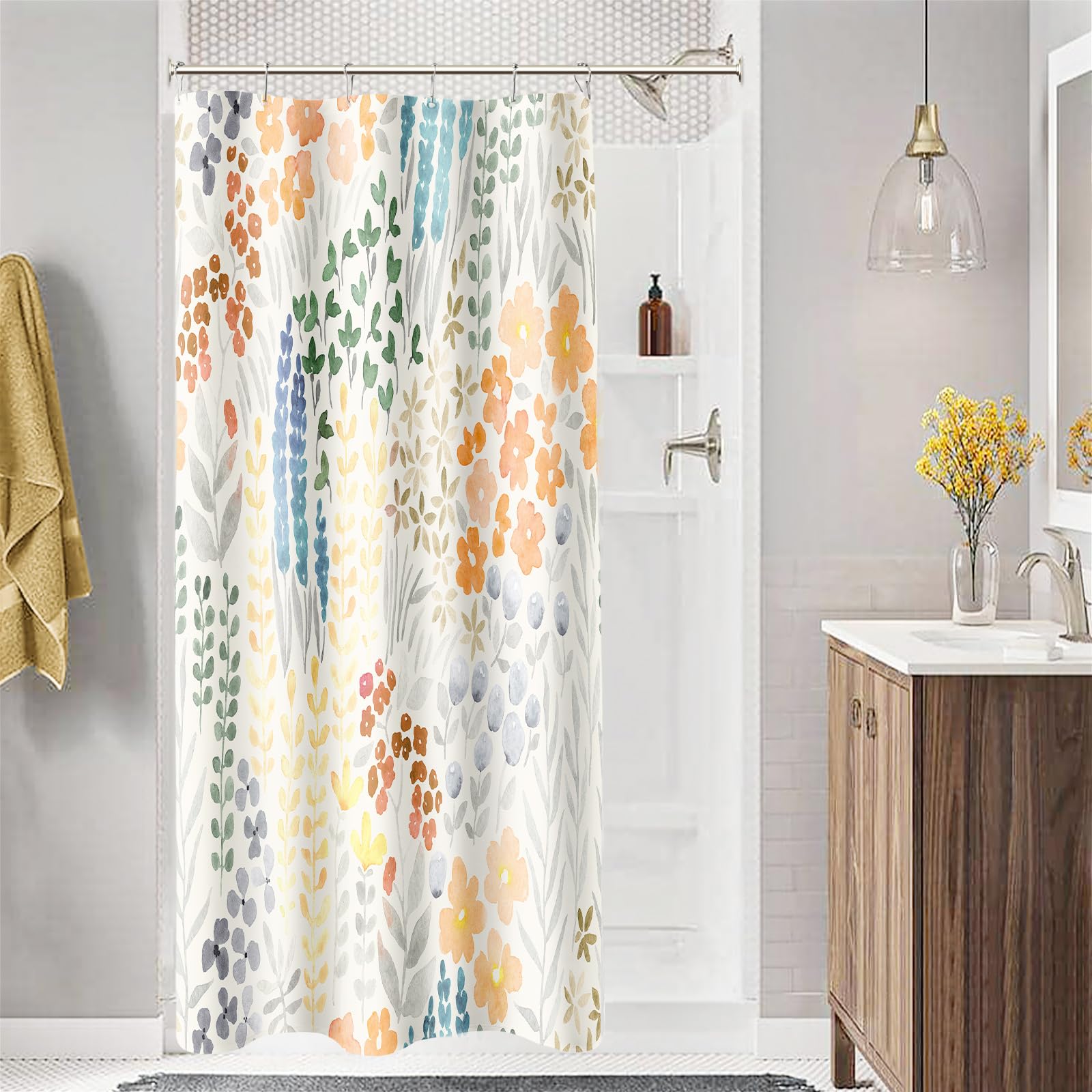 Mayzus Small Stall Shower Curtain 36 X 72 Inch, Half Narrow Cute Floral Shower Curtain For Bathroom, Orange Wildflower Boho Cott