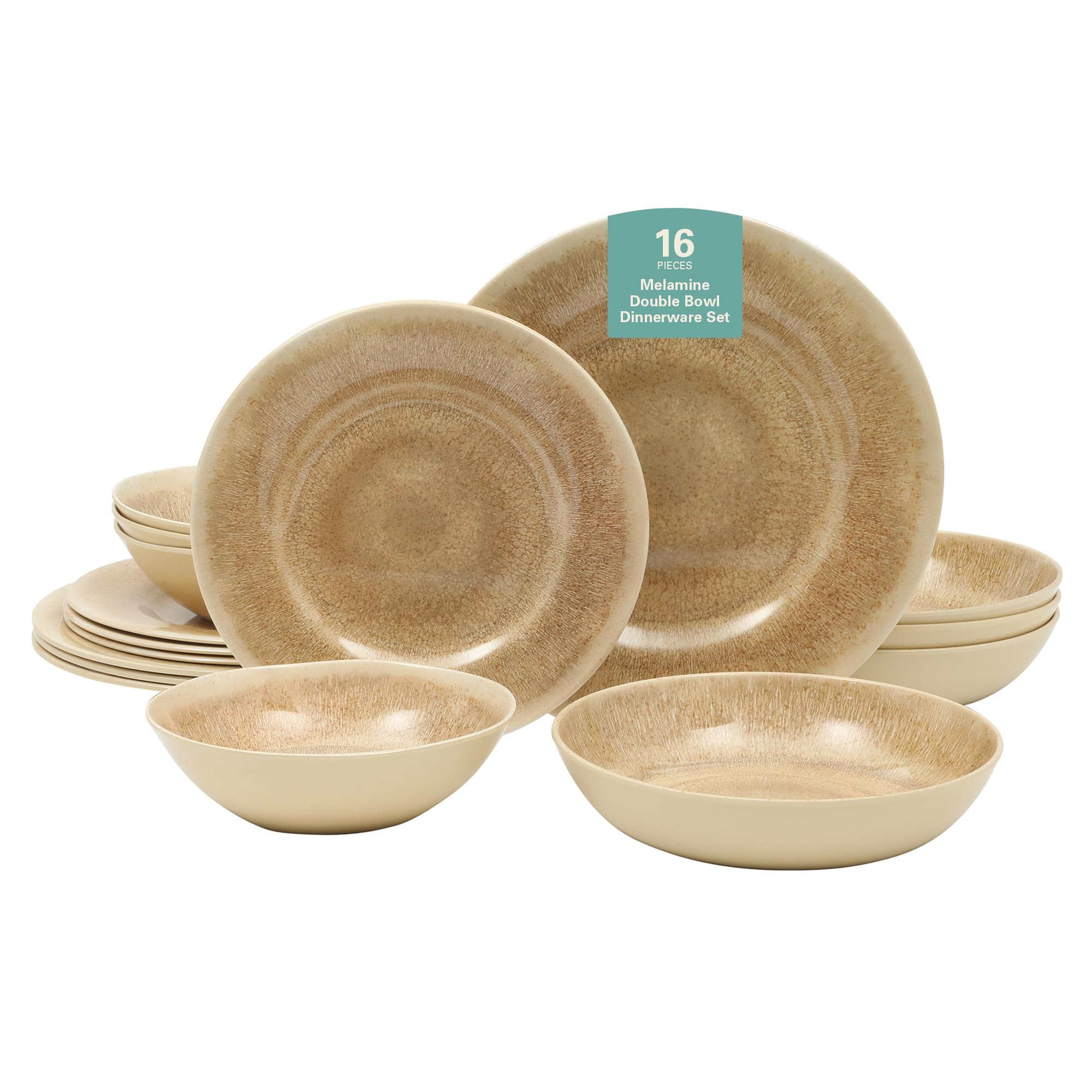 Gibson Home Casper Court 16-Piece Melamine Dinnerware Set - Beige Reactive Glaze Look Plates and Bowls, Service for 4 - Top Rack