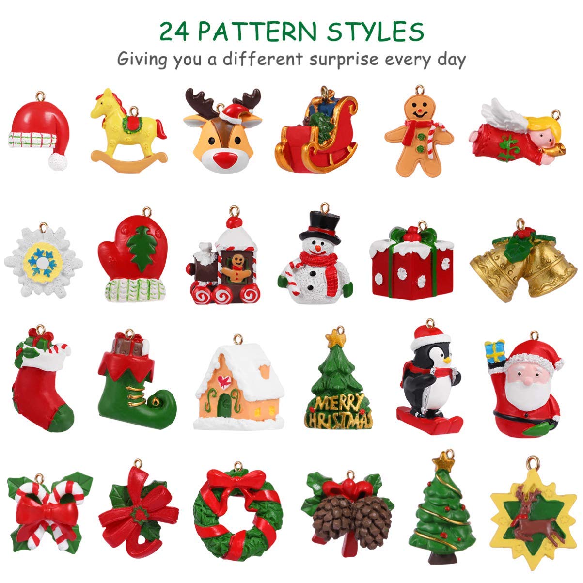 Toyvian 24 Pcs Assorted Christmas Tree Ornaments Countdown Advent Calendar DIY Miniature Ornaments for Xmas Holiday Decorations