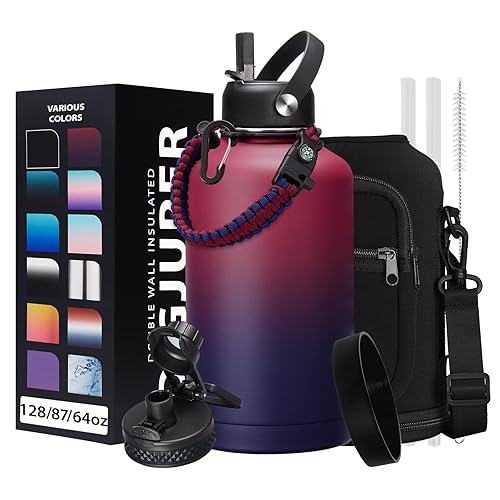64OZ Vacuum Insulated Water Bottle - Keep Hot Cold Vacuum Flasks with Straw & Spout Lids  Paracord Handle  Water Bottler Carrier Holder & Protective Cup Mat  1.8L Stainless Steel Water Jug