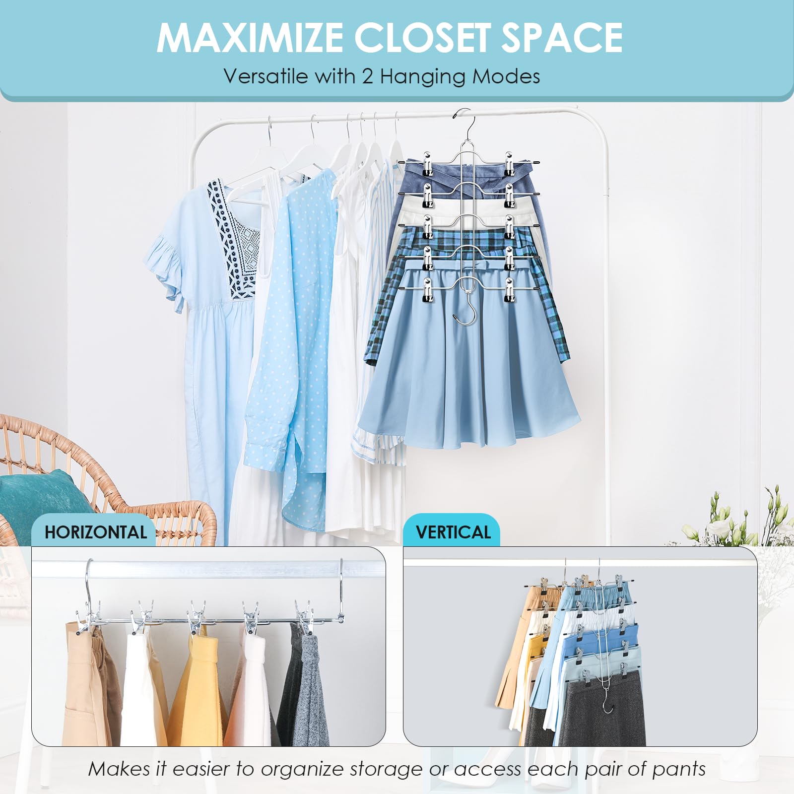Skirt Hangers With Clips, Jadkysarh 5 Tier Pants Skirt Hangers Space Saving Multi Shorts Hangers With Adjustable Clips Closet Or