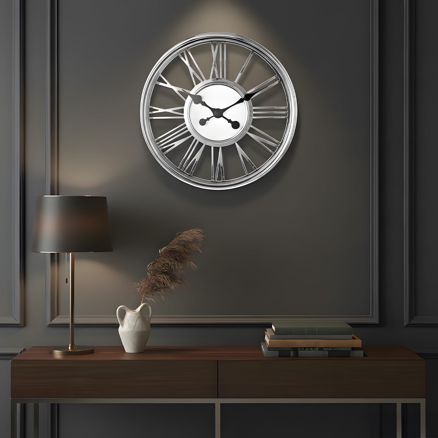 Amazon Basics Large Plastic Wall Clock With Chrome Finish, Skeleton Dial Design, Lightweight & Durable, 44 Cm Diameter X 5.7 Cm 