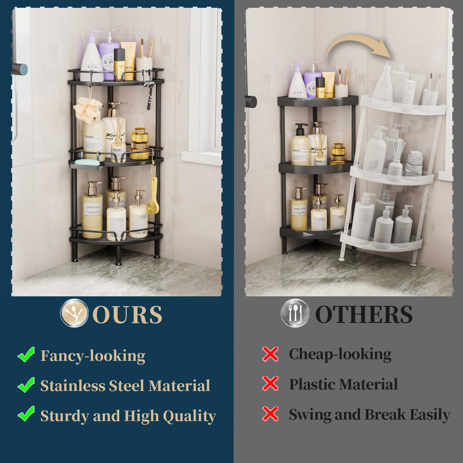 Consumest Corner Shower Caddy Stand - 3 Tier Shower Organizer With Soap Holder, Standing Tall Floor Shower Stand With Adjustable