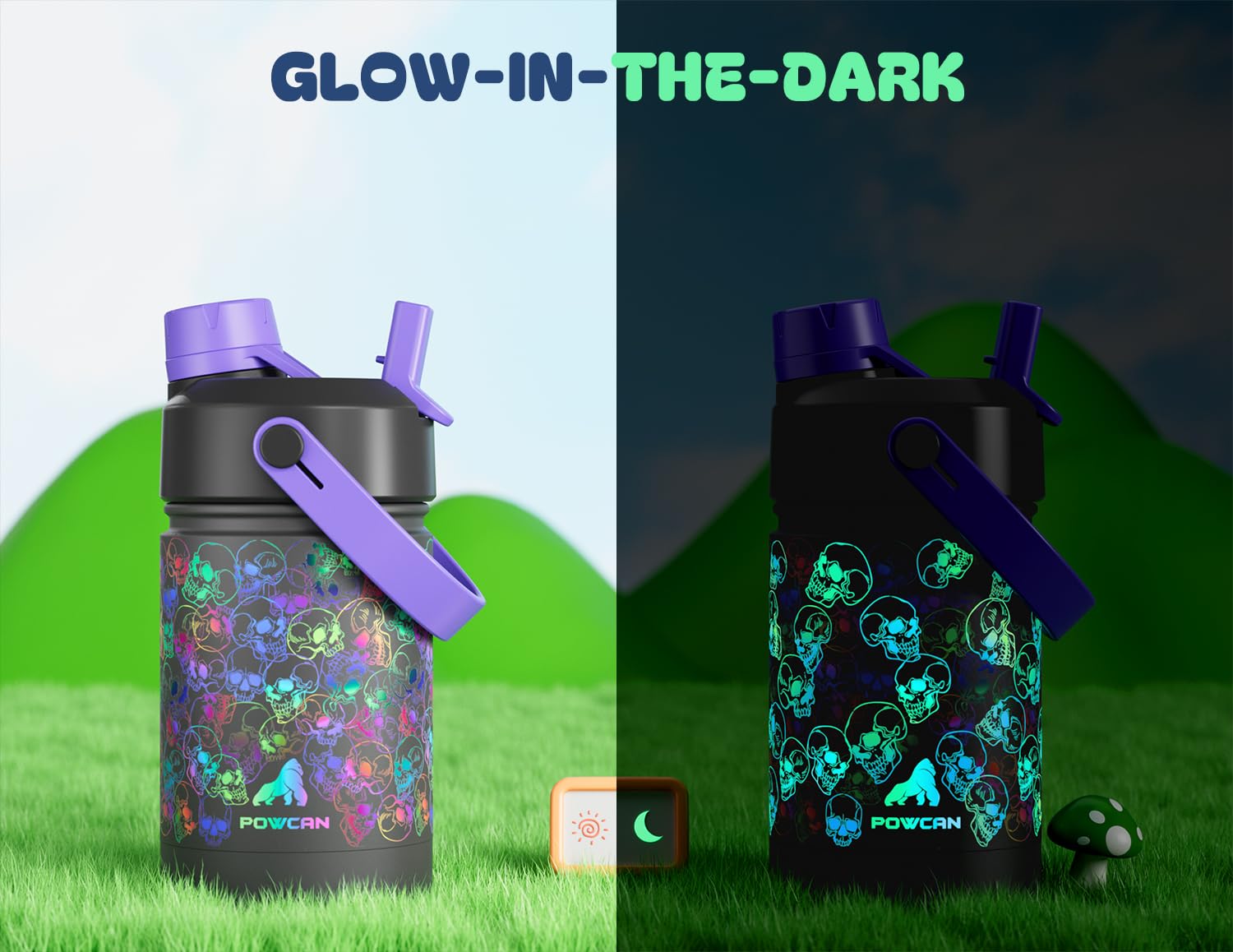 18 oz Insulated Water Bottle for Kids: Glow-in-the-Dark, 2-in-1 Straw Spout Lid, Leakproof, BPA-Free, Keep Cold 24H, Stainless S