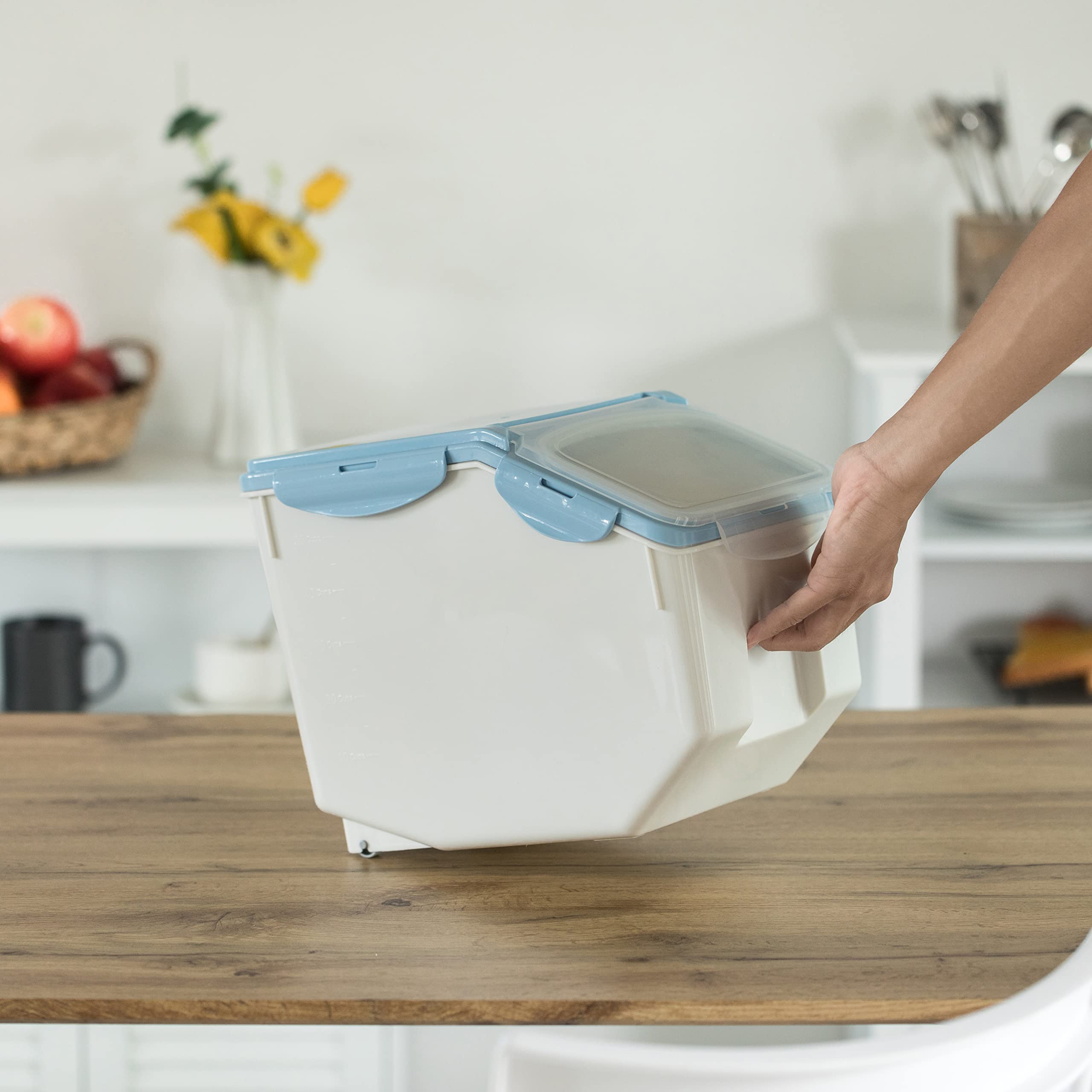 Basicwise White Plastic Storage Food Holder Containers, Set Of 2, With A Measuring Cup And Wheels, Medium, Clear, (Qi004138M.2)