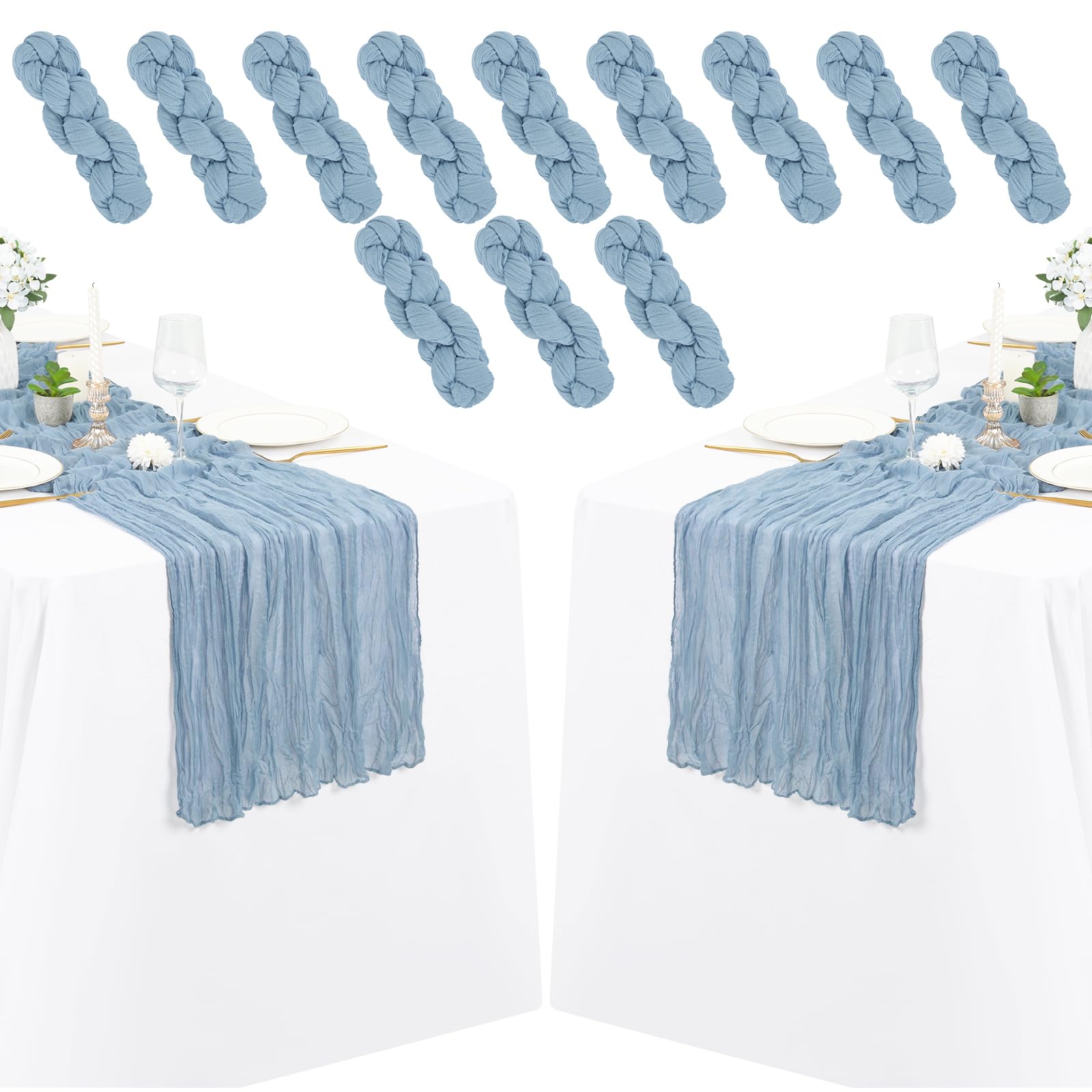 Fxks 12 Pack Dusty Blue Cheesecloth Table Runner 35X70 Inch Gauze Cheese Cloth Table Runner, Boho Rustic Table Decorations For W
