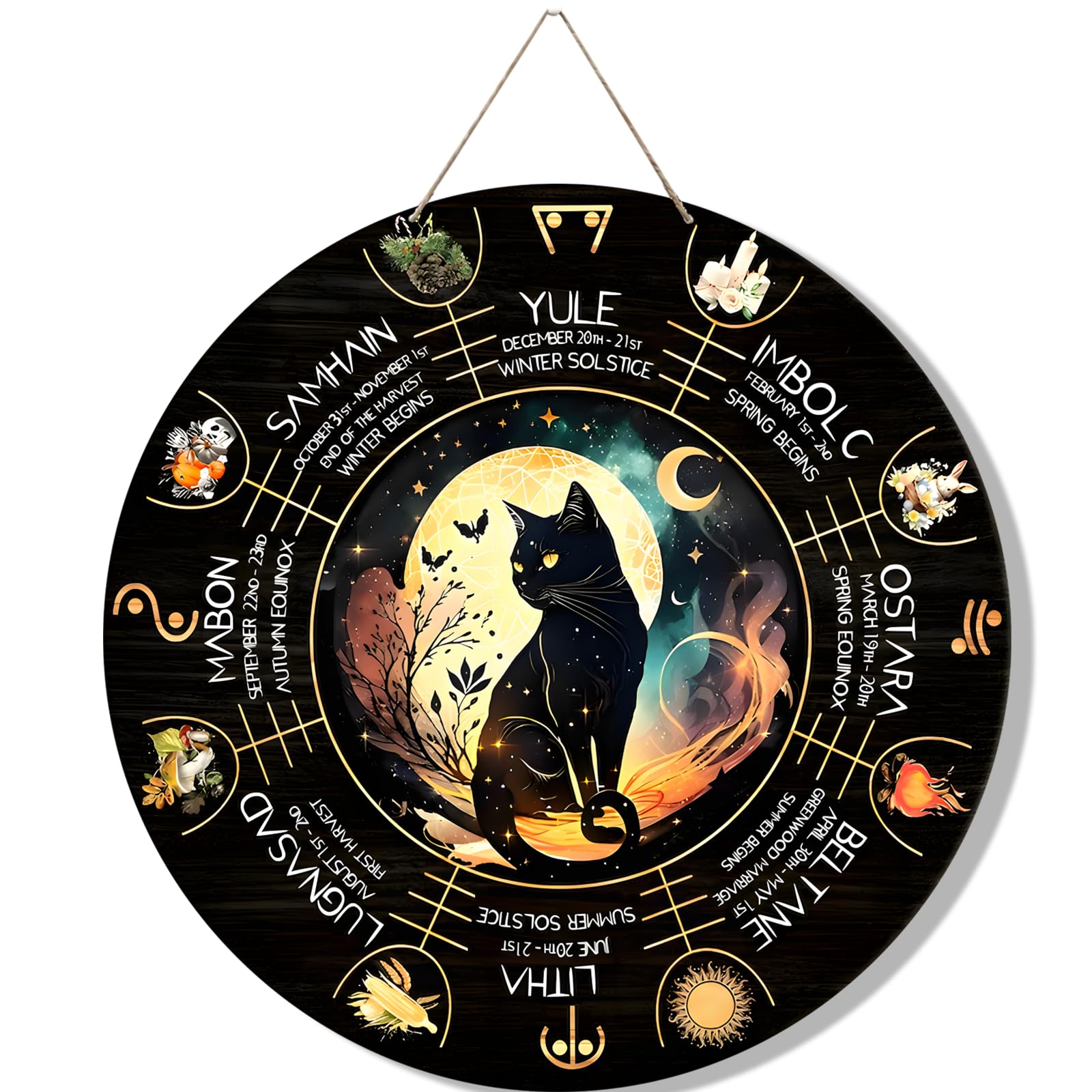 WBQMUNY Wheel of The Year Wood Sign 11.8,Sabbats Pagan Sign Witches Runes Wood Engraved Board Wiccan Holidays, Wicca Calendar, Y