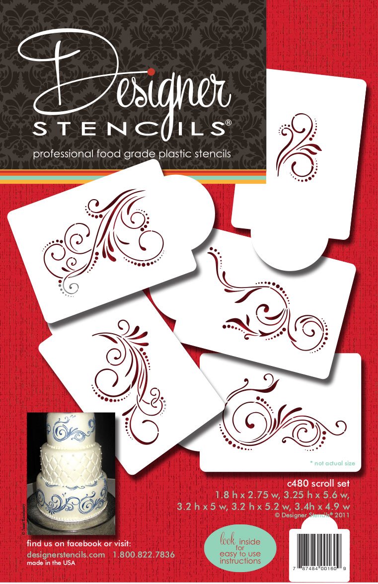 Designer Stencils C480 Five Scroll Cake Stencil Set, Beige/Semi-Transparent