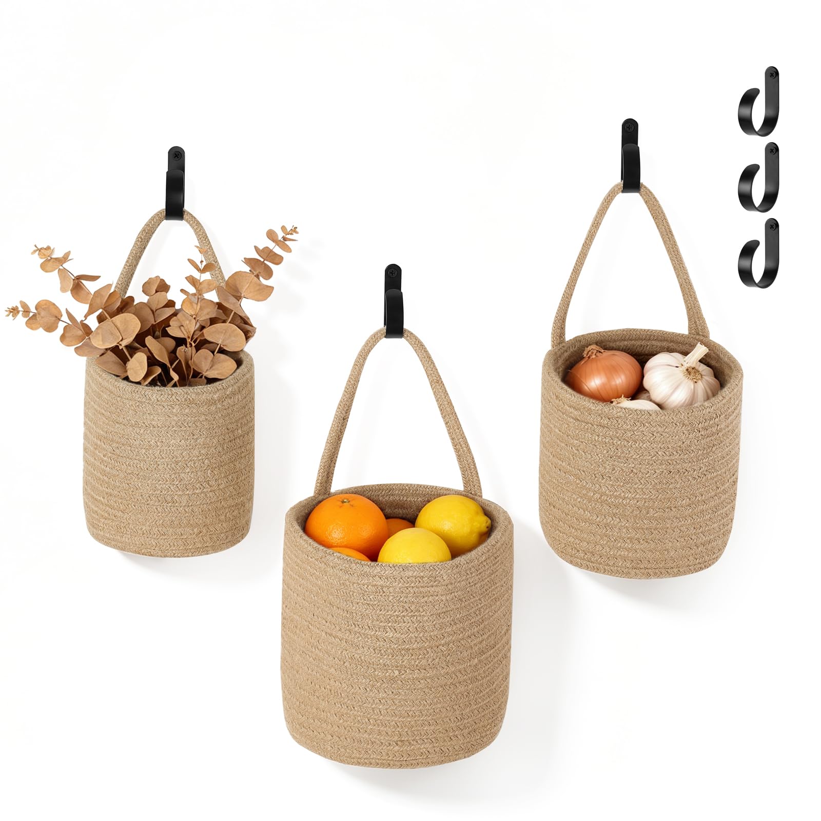 Dahey 3 Pcs Woven Hanging Wall Baskets for Bathroom Plant Organizing, S/M/L