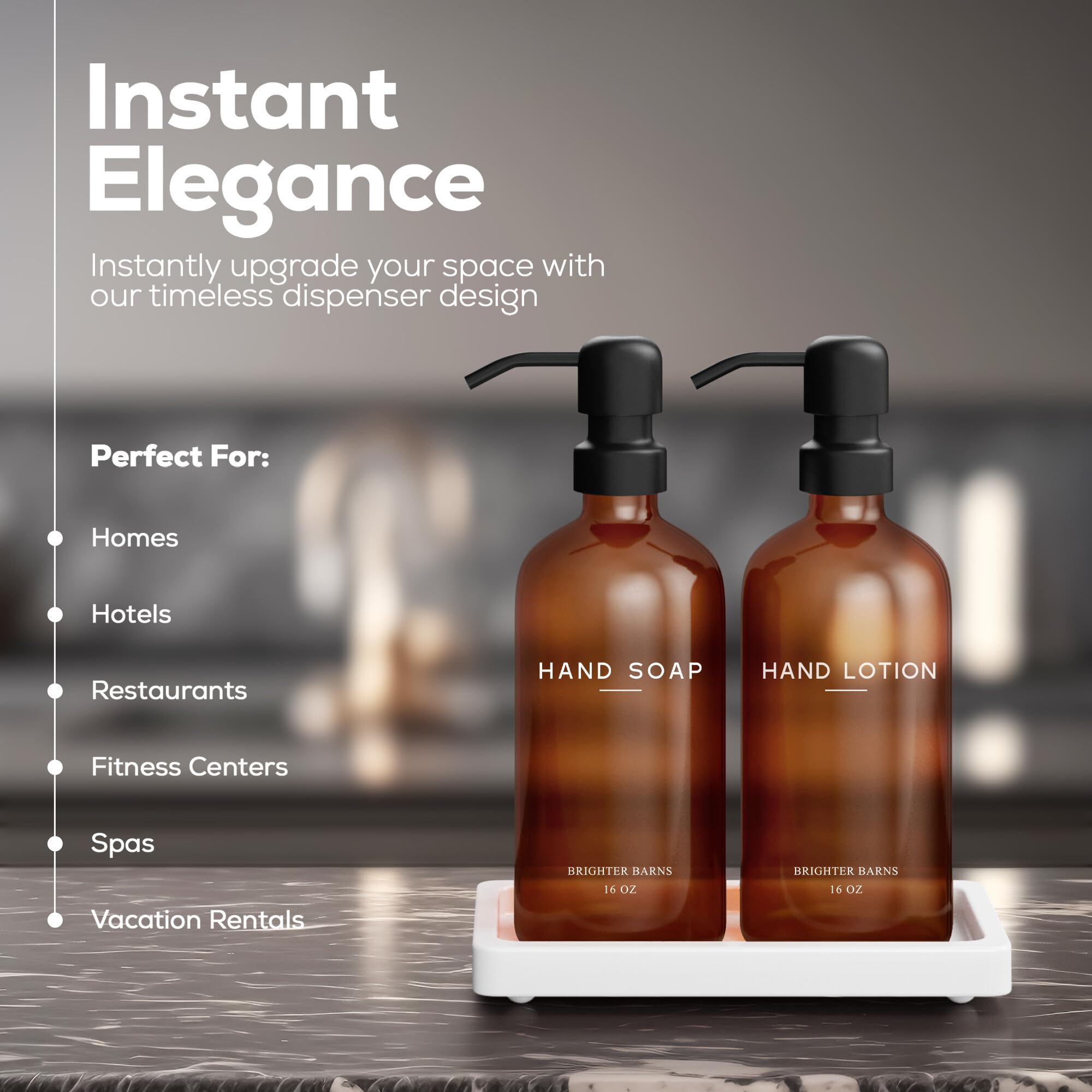 Amber Glass Soap And Lotion Dispenser Set With Tray By Brighter Barns - Hand Soap Dispenser Bathroom Set & Stainless Steel Pump