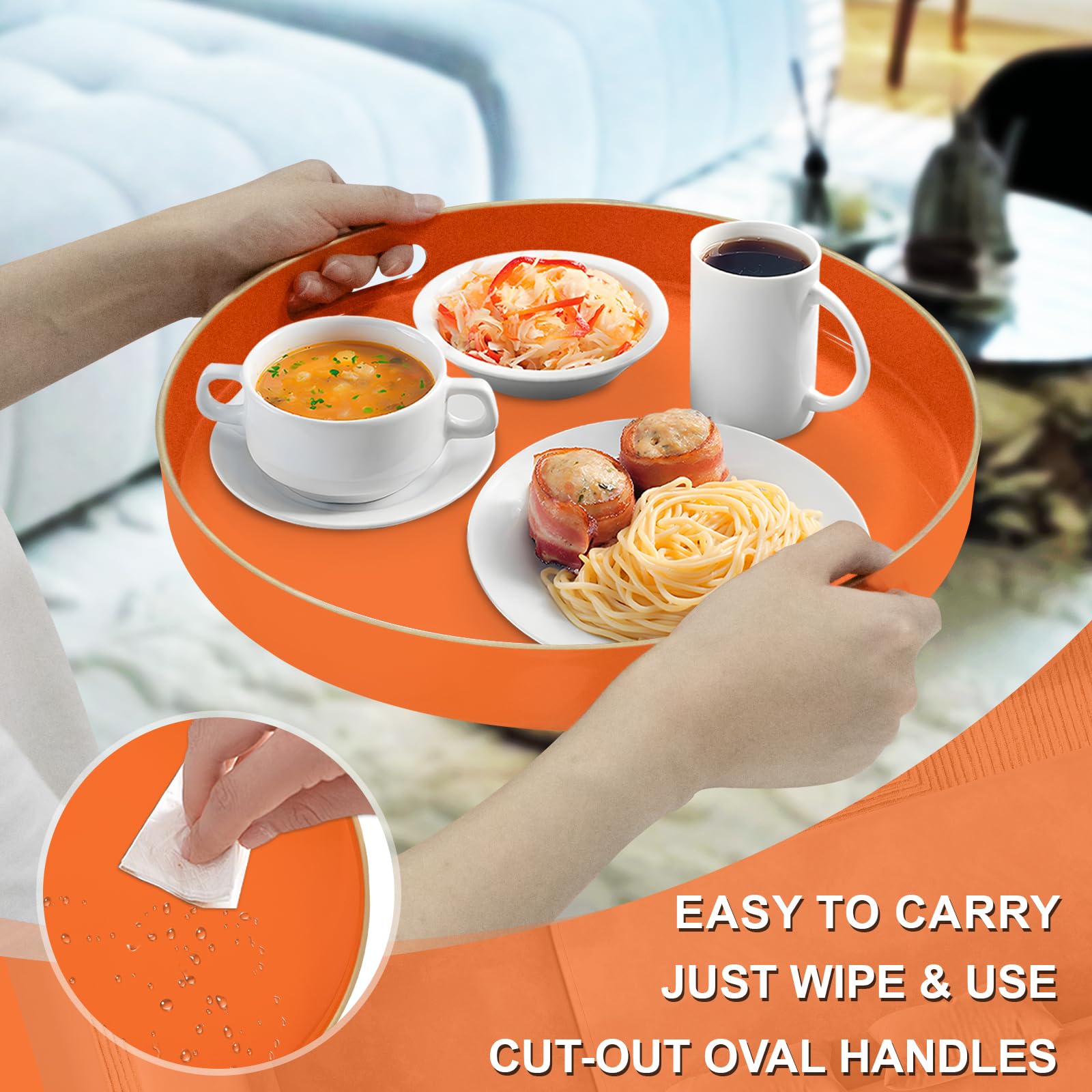 Maoname 13'' Round Tray, Orange Serving Tray With Handles, Modern Decorative Tray For Coffee Table, Plastic Ottoman Tray For Ott
