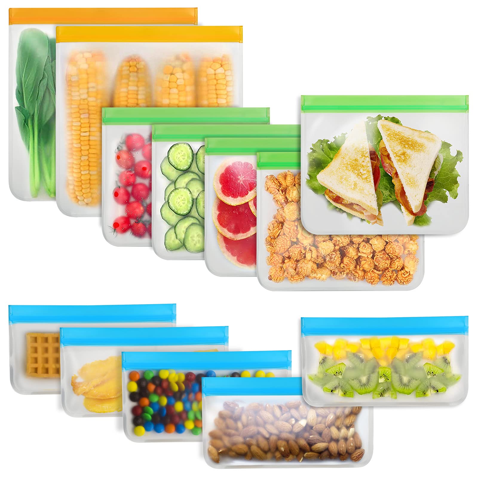 Reusable Food Storage Bags - 12 Count BPA Free Reusable Freezer Bags (2 Gallon & 5 Sandwich & 5 Snack Size Bags) Tangibay Leakpr