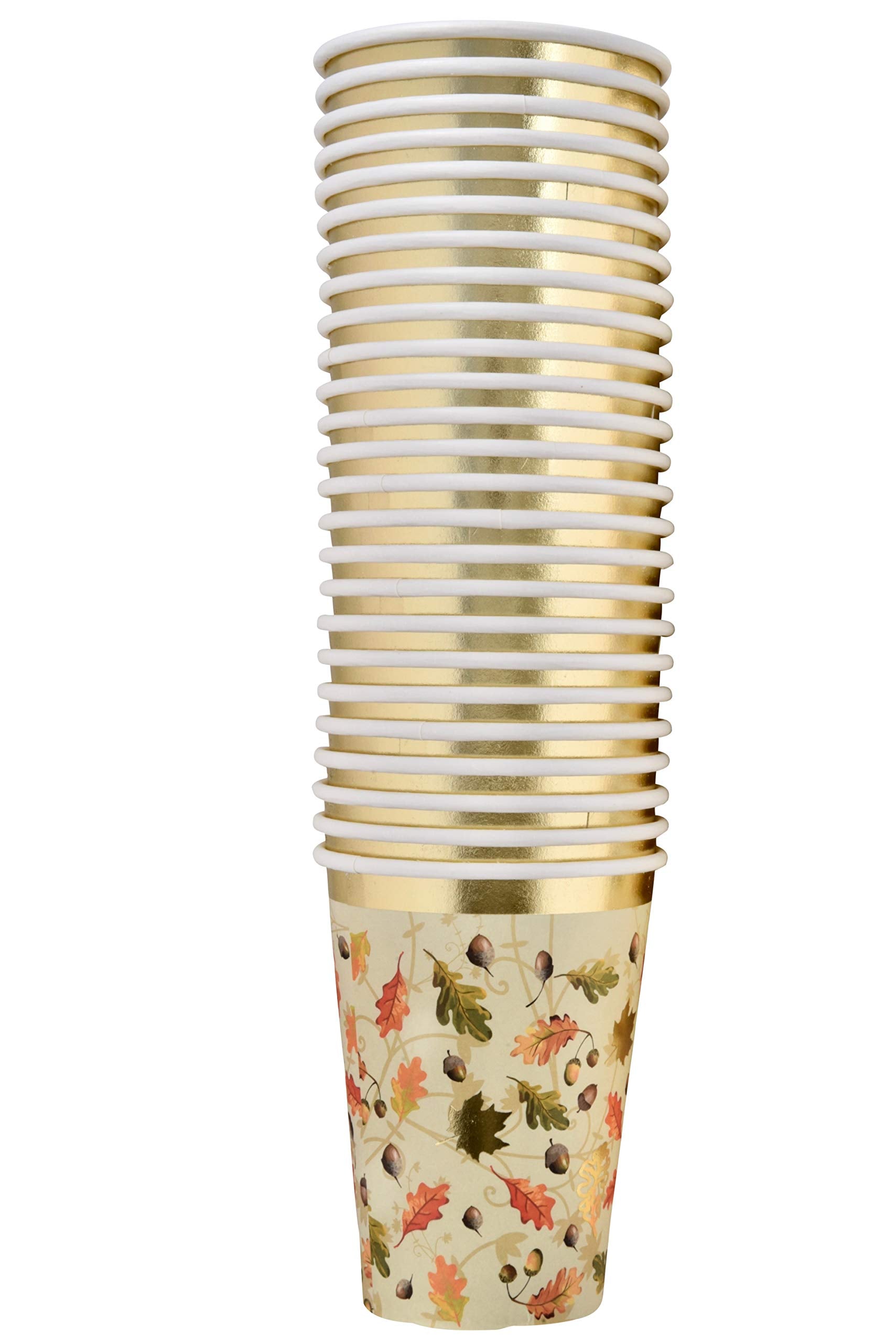 Gift Boutique 50 Thanksgiving Party Cups 9 oz. Disposable Paper Cup in Elegant Autumn Leaves Design with Gold Foil for Fall Dinner Event Decorations