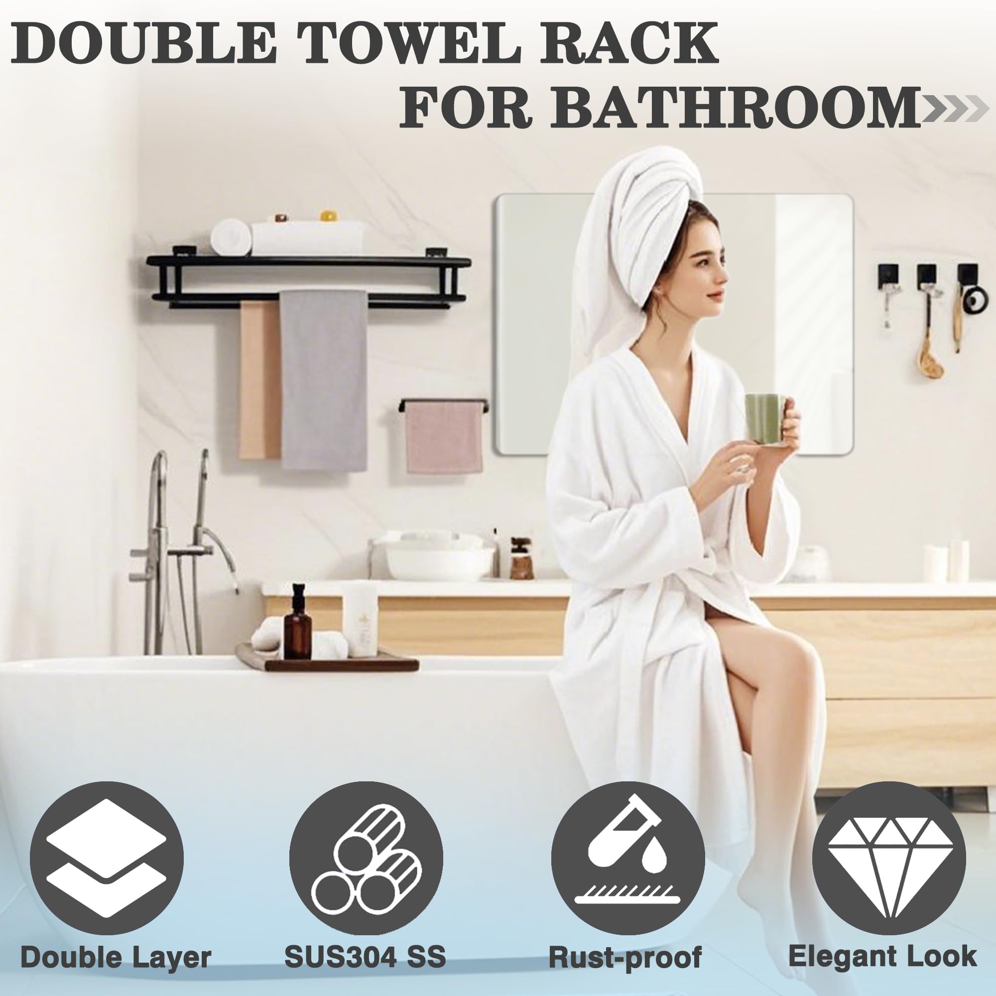 Alise Towel Rack Towel Holder Towel Shelf with Double Towel Bars for Bathroom Lavatory 28-Inch SUS 304 Stainless Steel Wall Mount Towel Hanger Matte Black