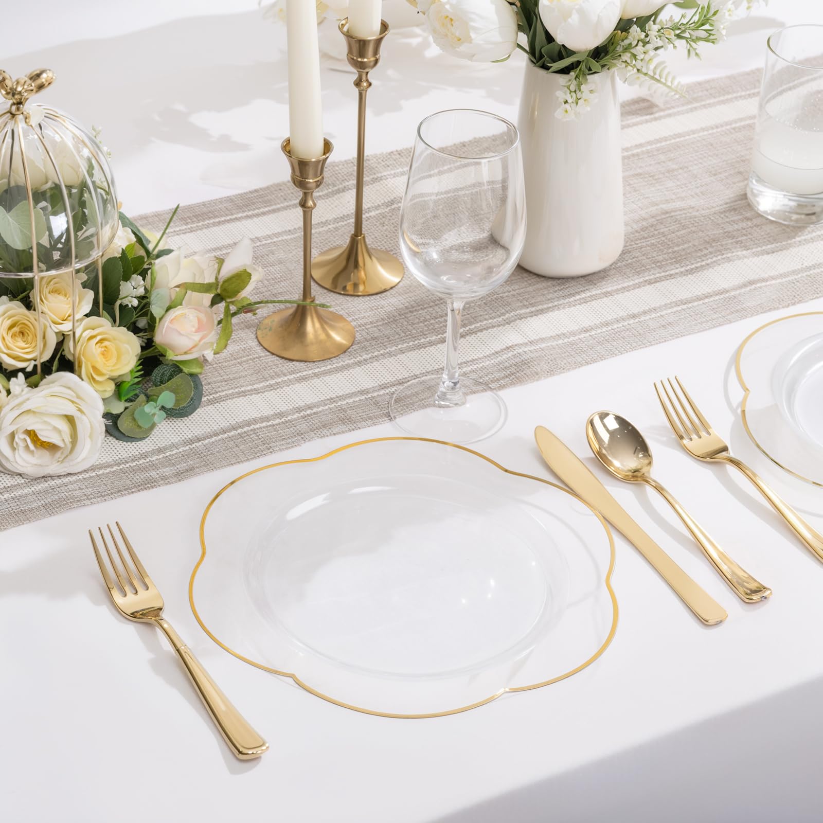 Liacere 100PCS Clear Plastic Plates - Clear and Gold Disposable Dinner Plates - 10inch Heavy Duty Gold Dinner Plates, Perfect fo
